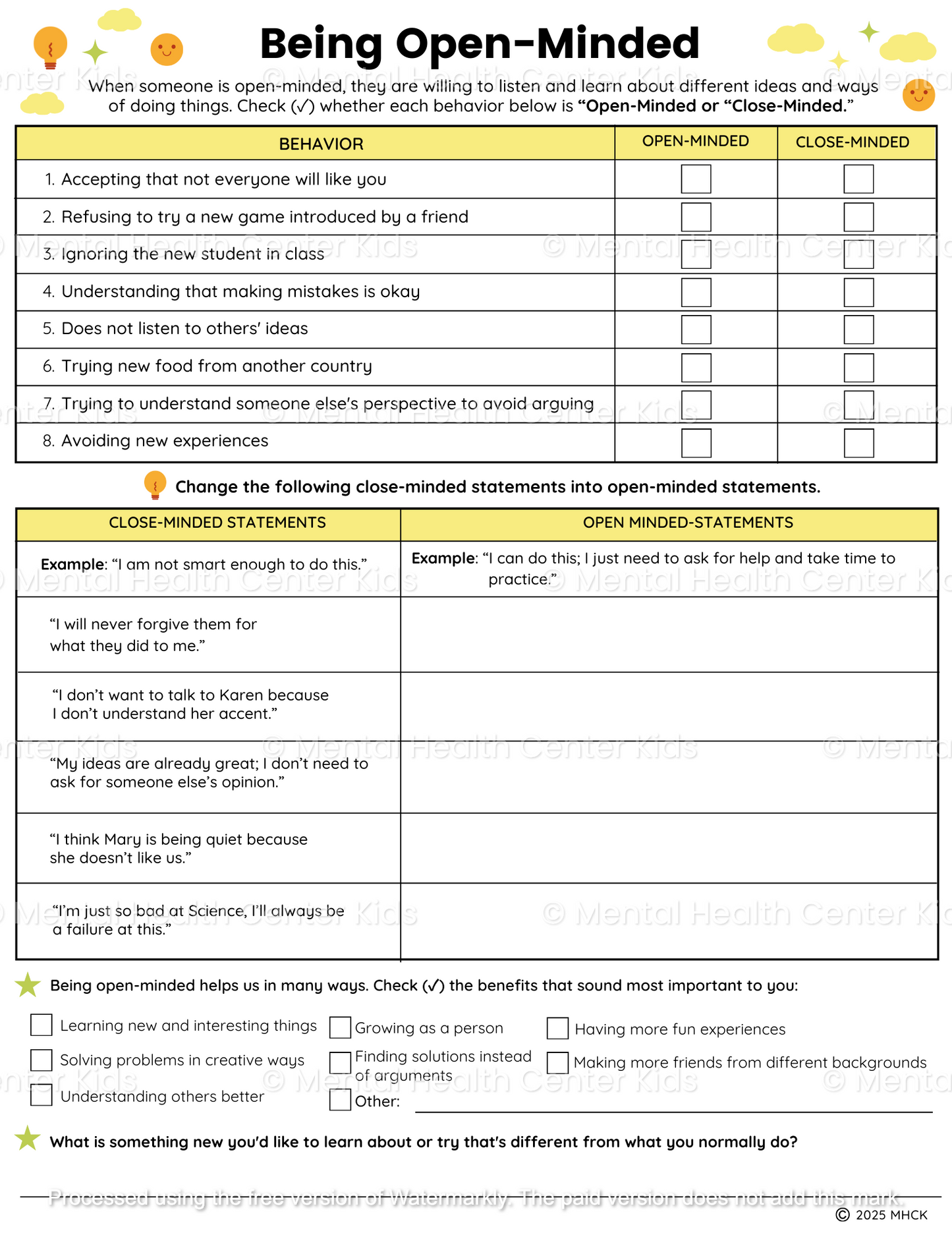 open-mindedness worksheets