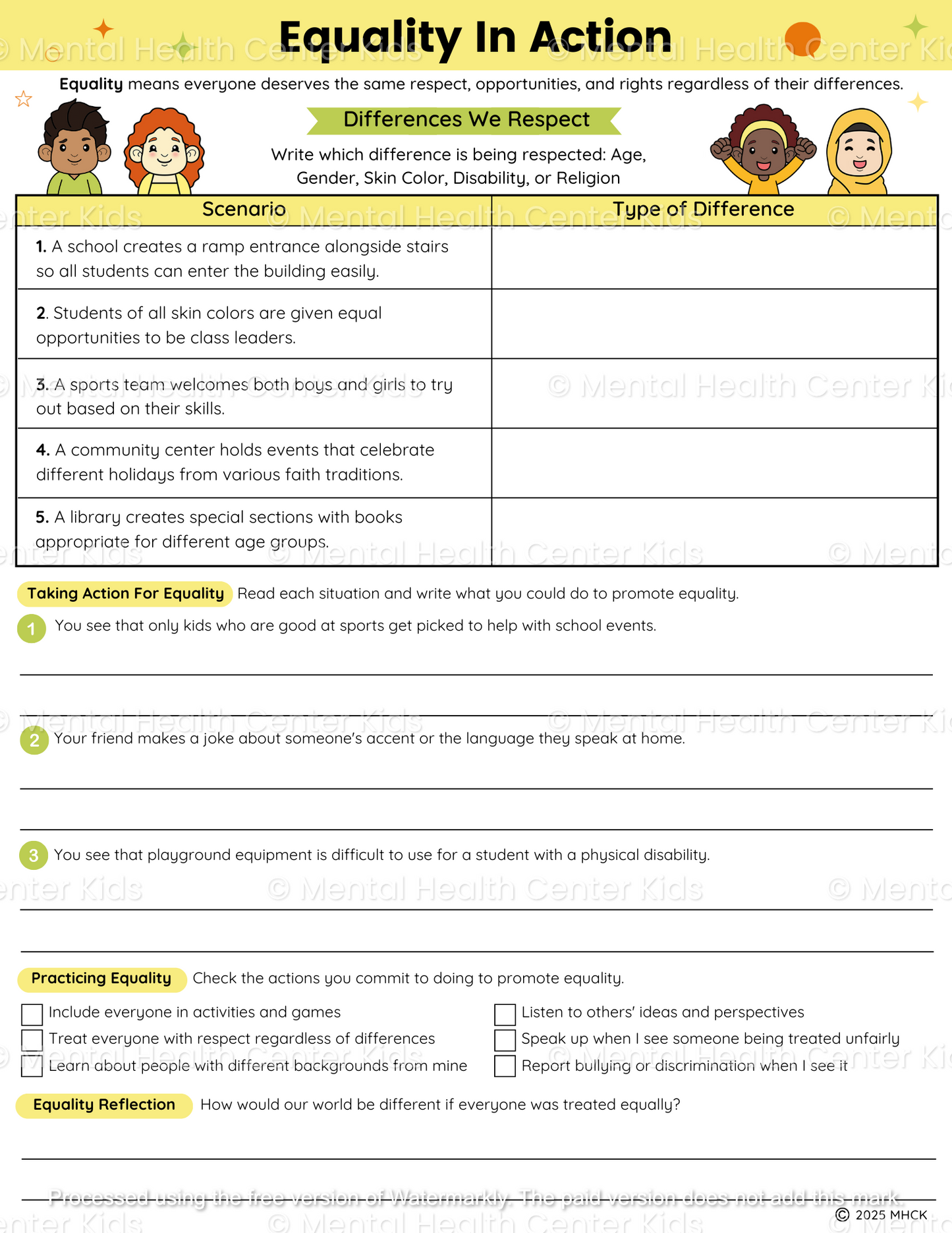 equality worksheets for kids