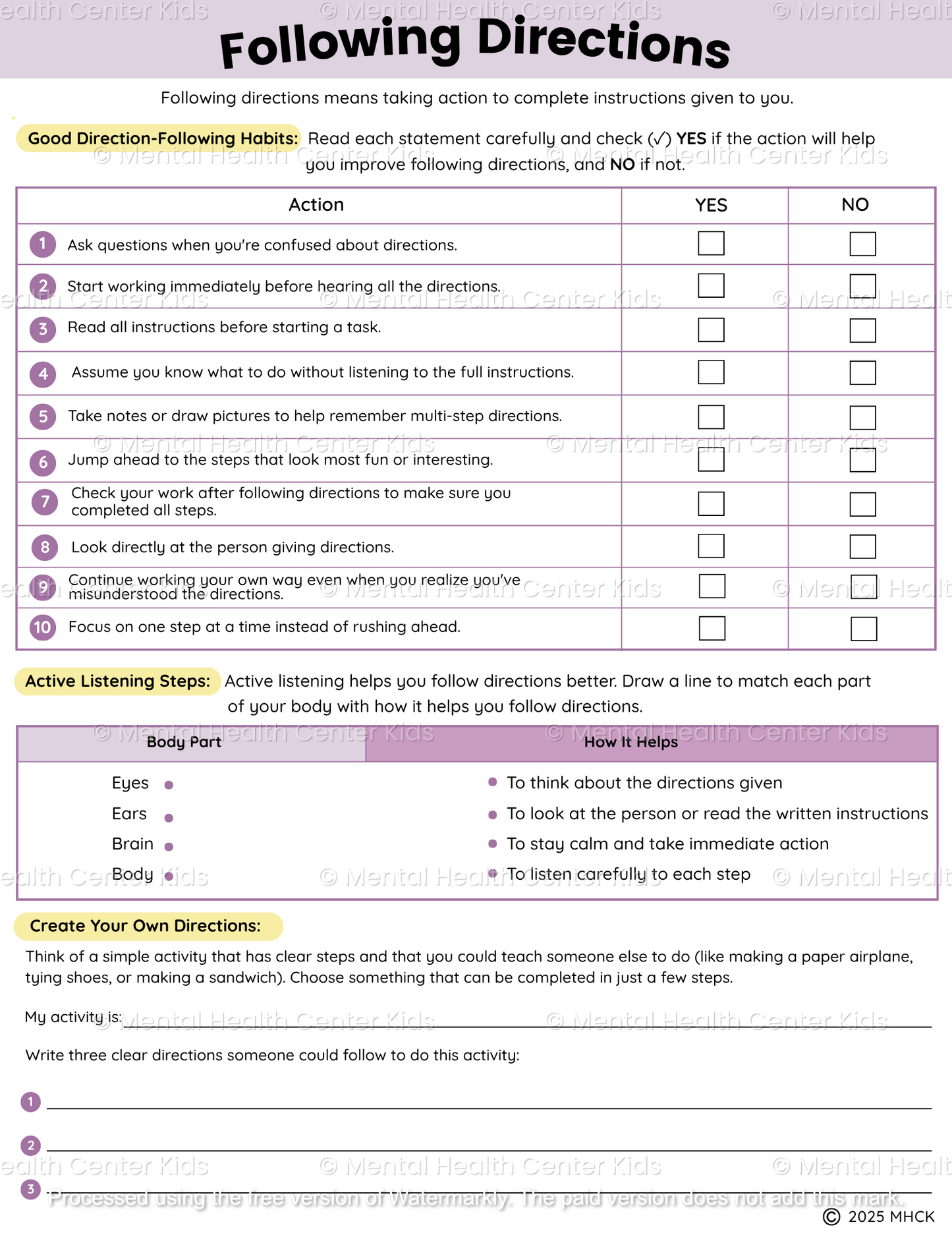 following directions worksheet