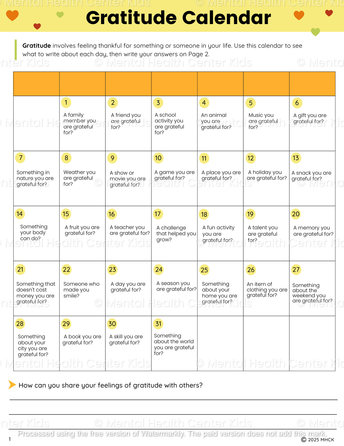 gratitude calendar worksheet