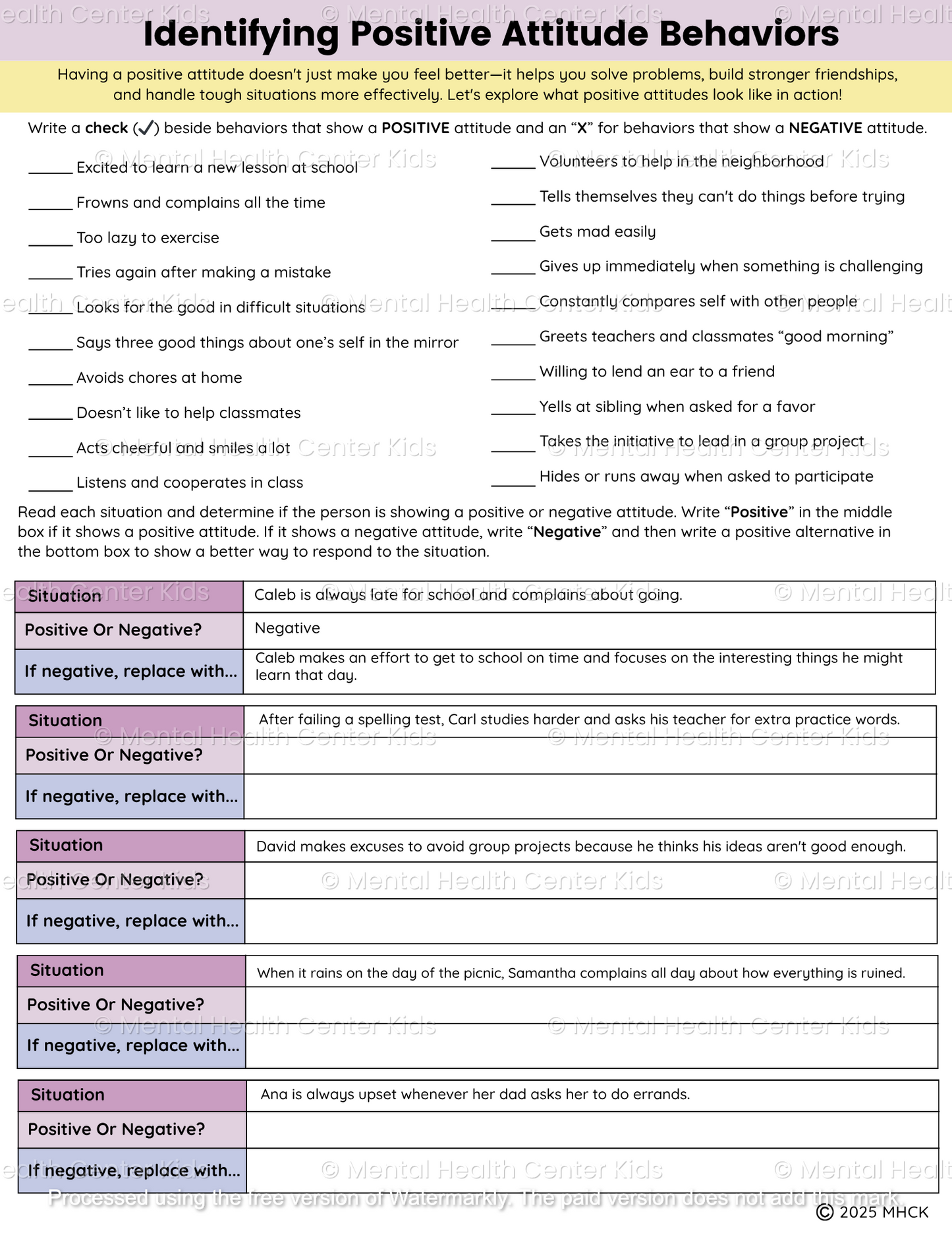 positive thinking worksheet