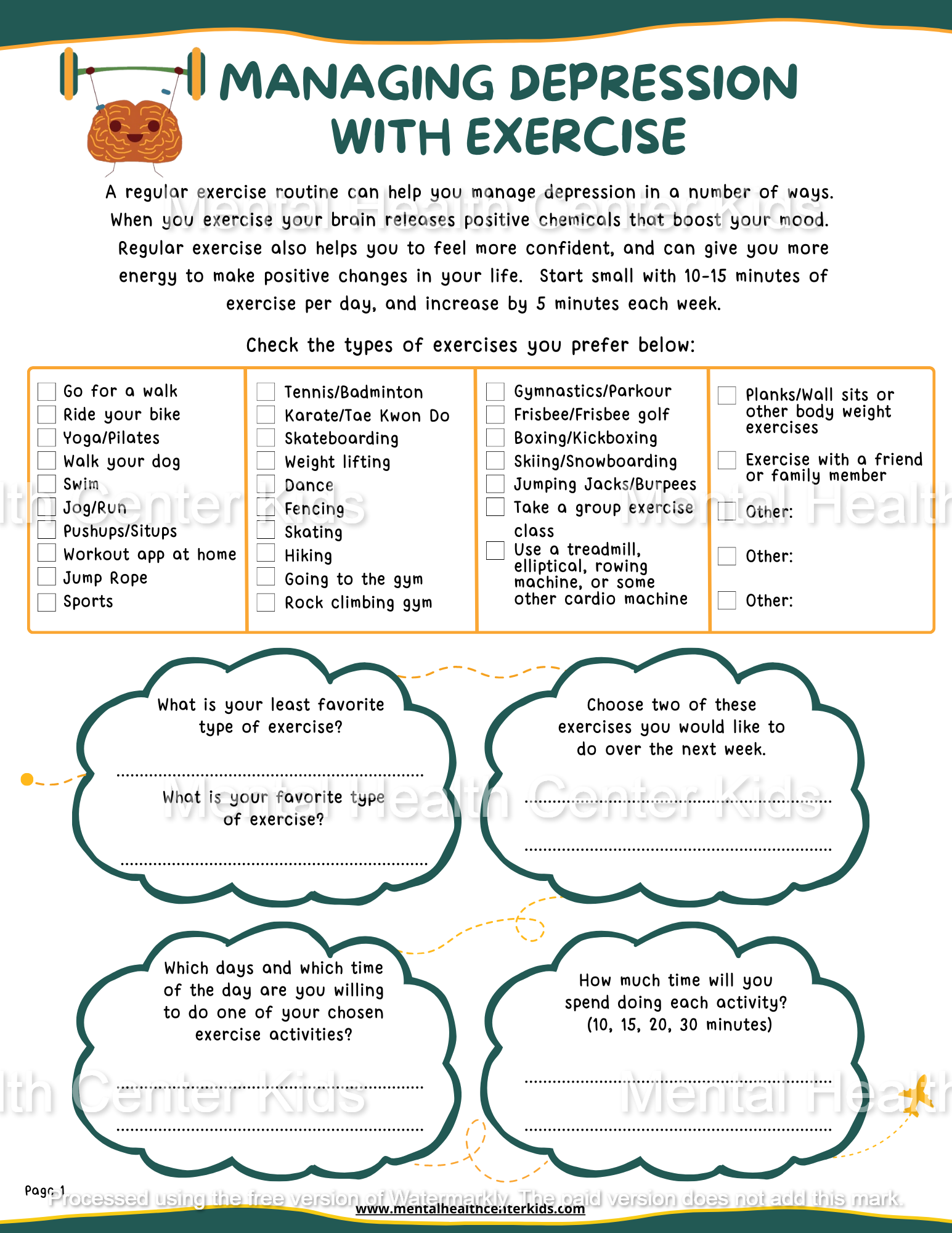exercise for depression worksheet