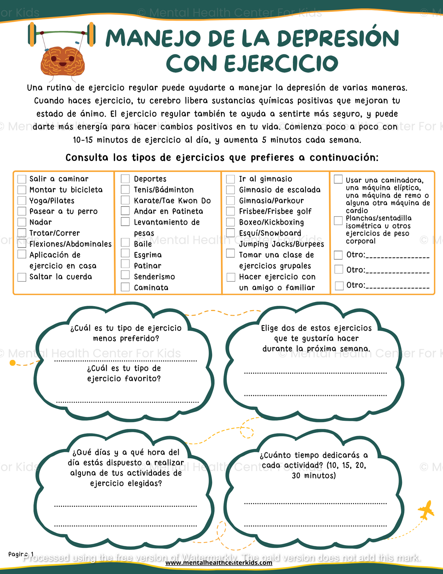 Spanish Managing Depression With Exercise Worksheet