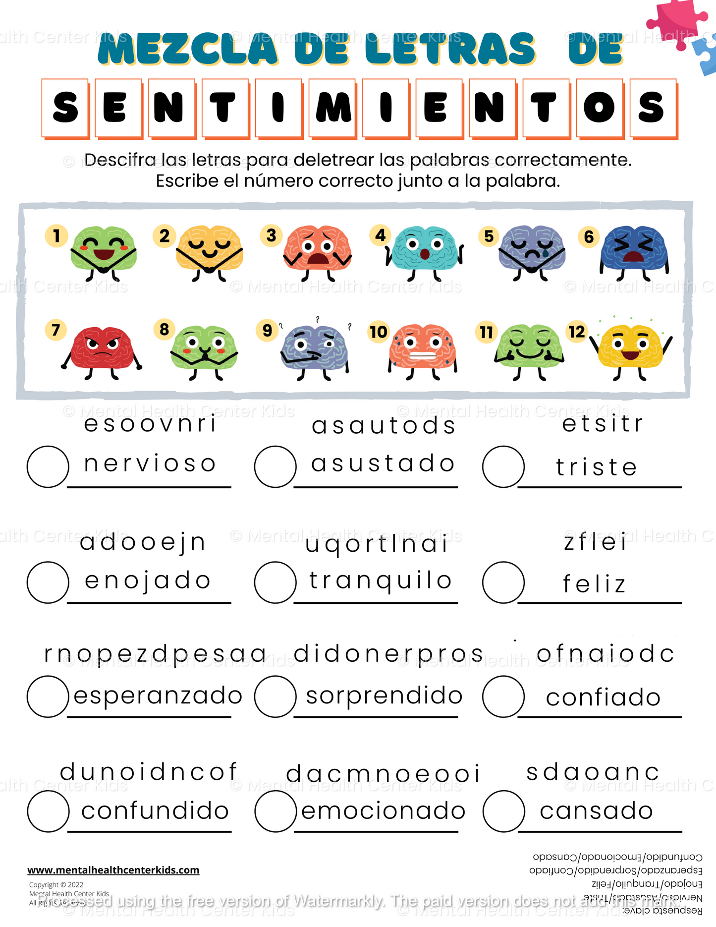 spanish emotions worksheets