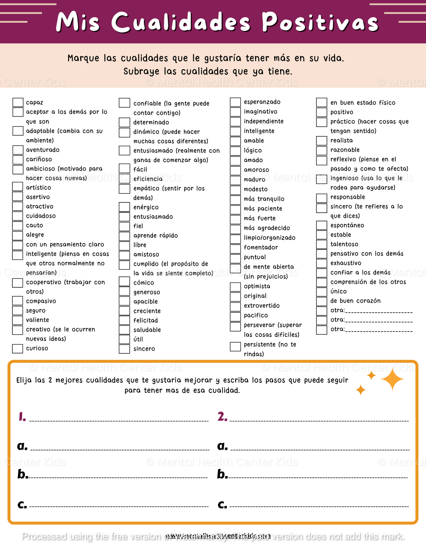 Spanish self-esteem worksheet