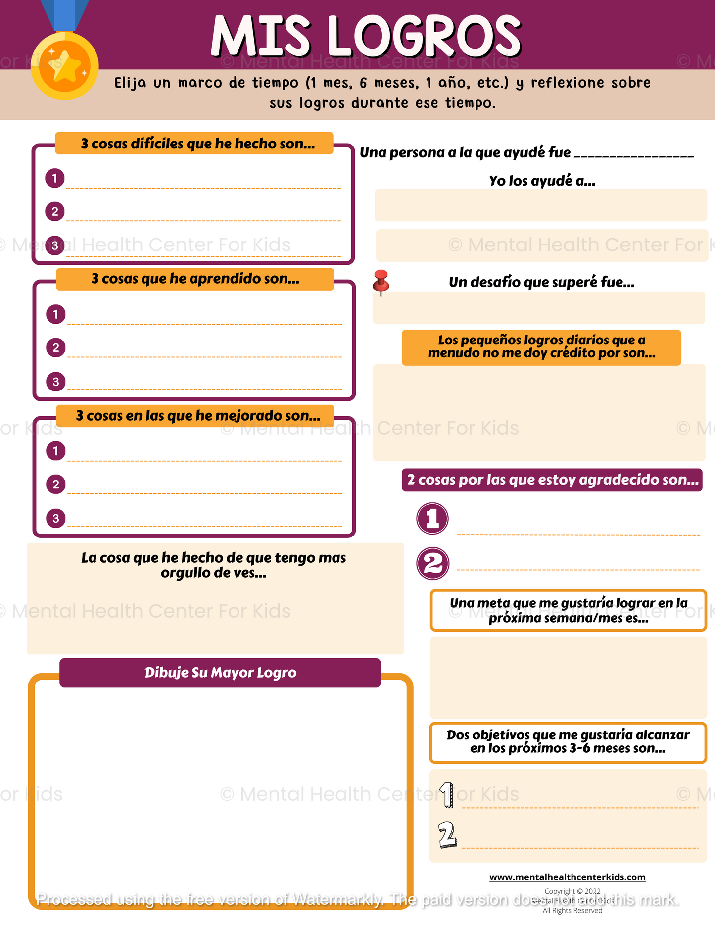 Spanish self-esteem worksheets for kids