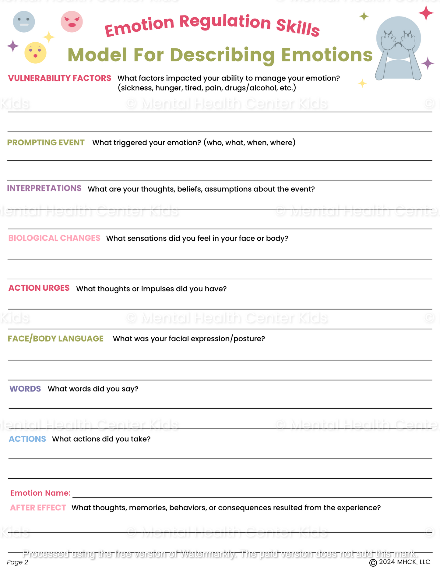 model for describing emotions worksheet