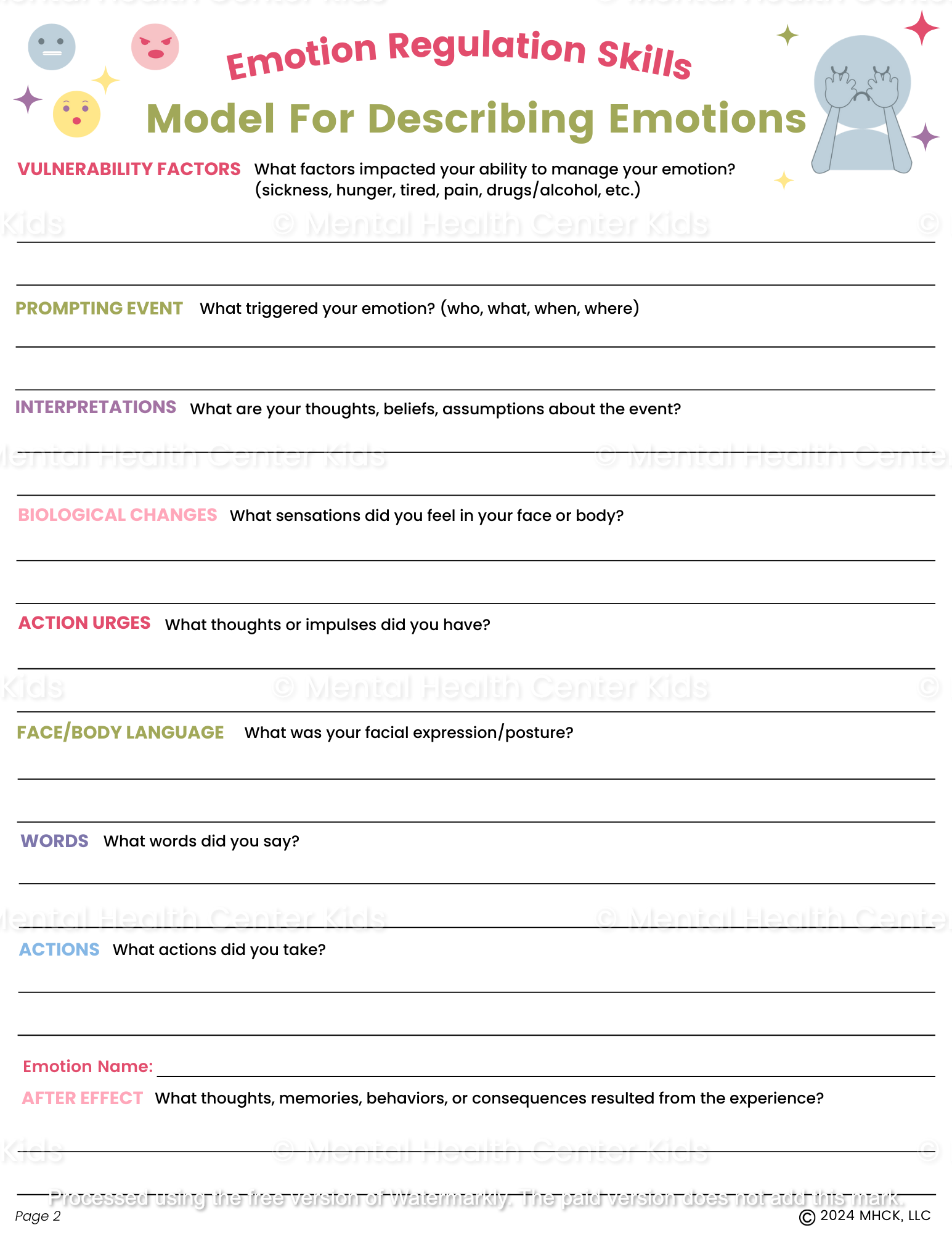 model for describing emotions worksheet