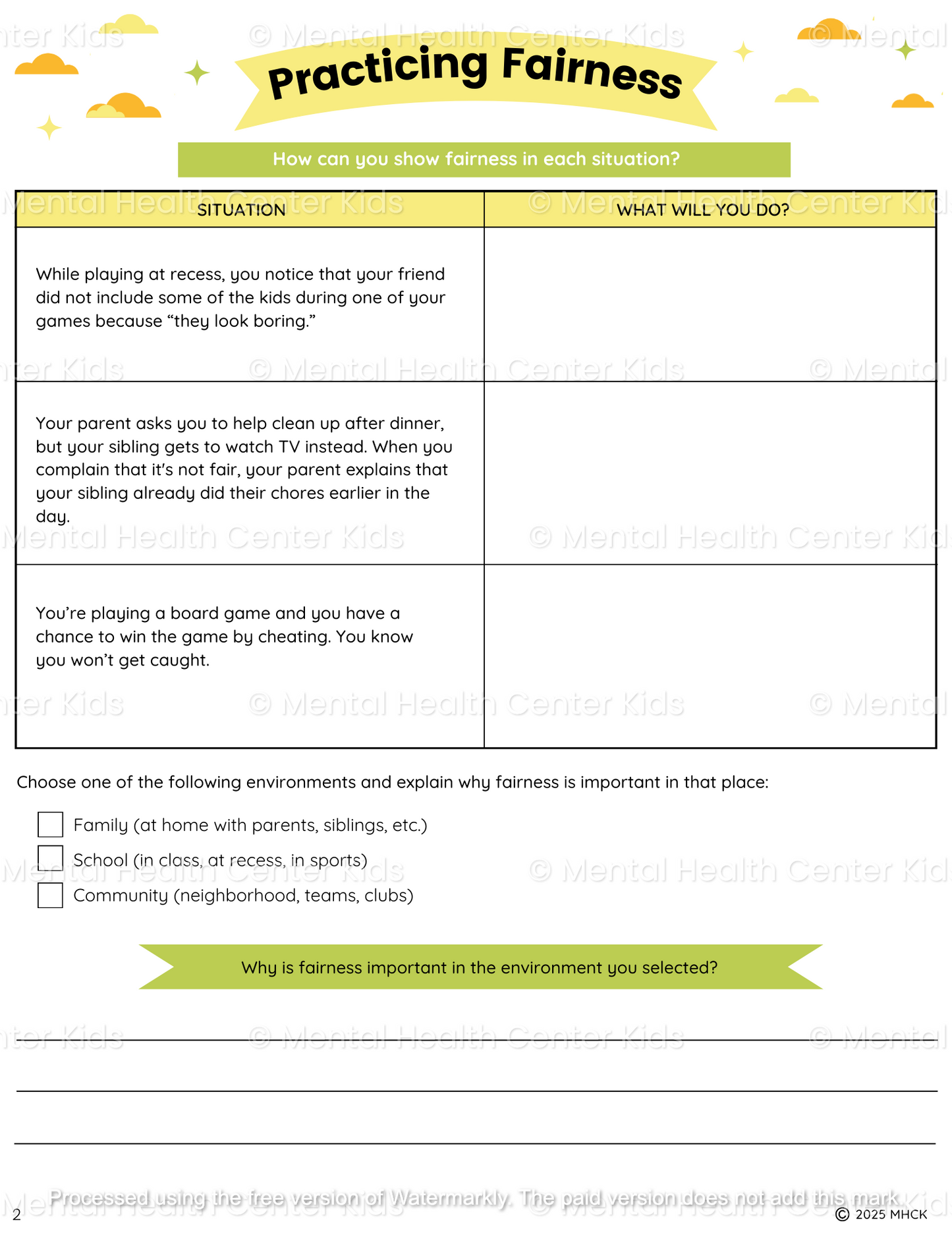 fairness worksheets for elementary school