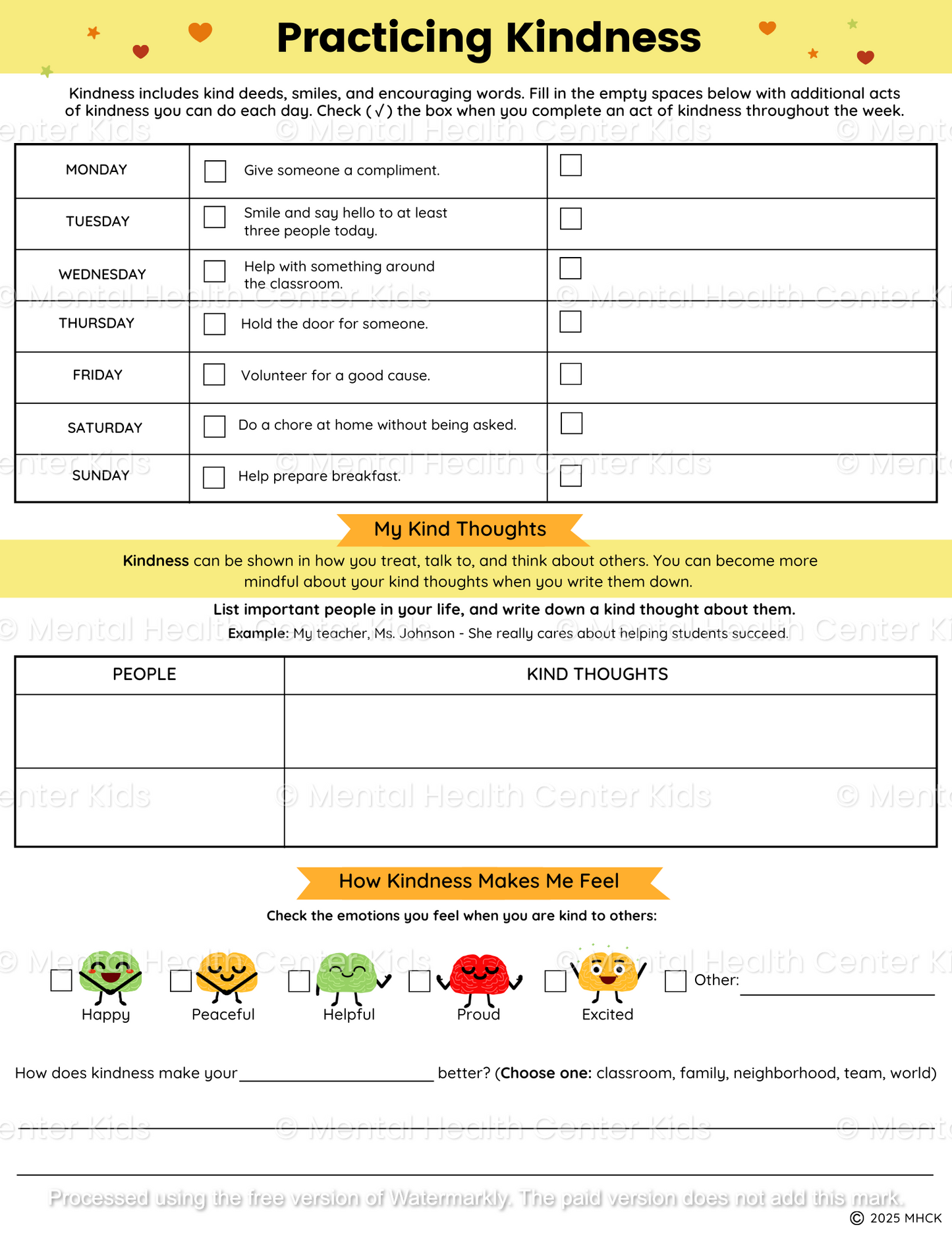 kindness worksheets for middle school