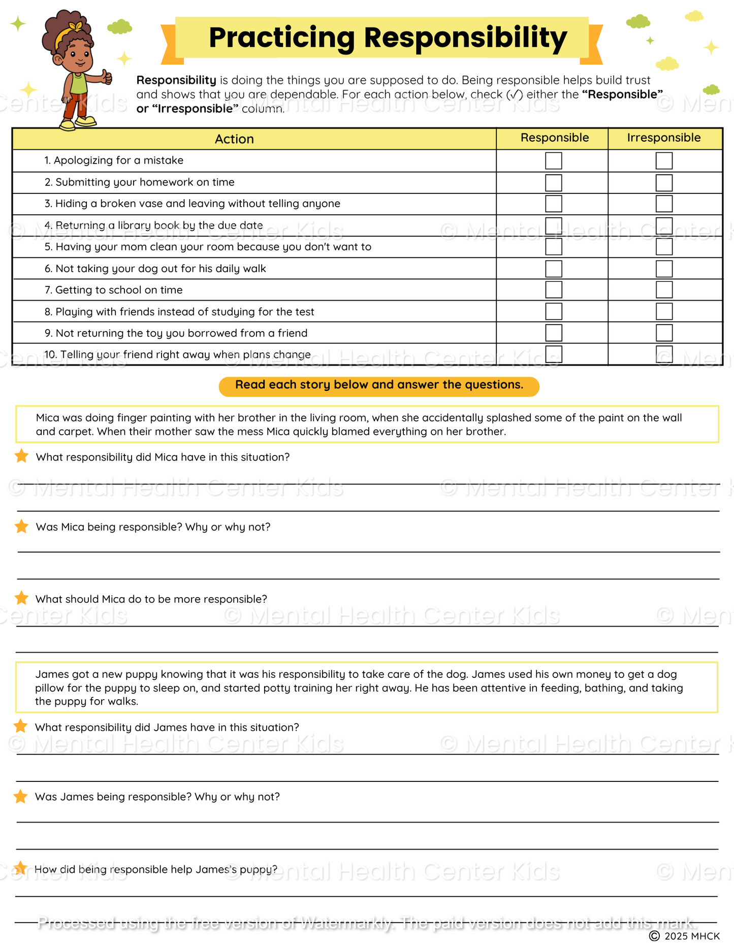 responsibility worksheets for kids