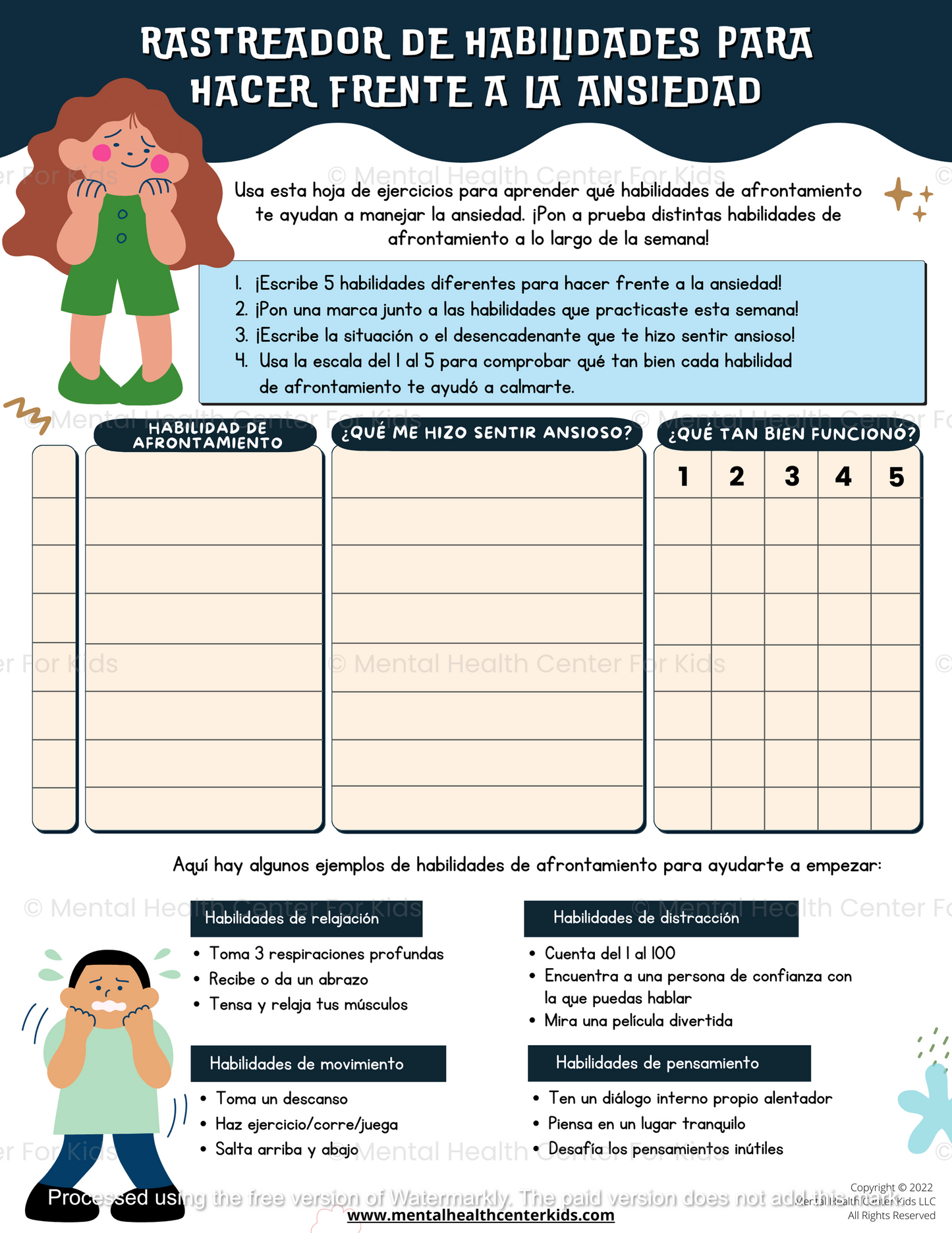 Spanish Anxiety Coping Skills Tracker Worksheet