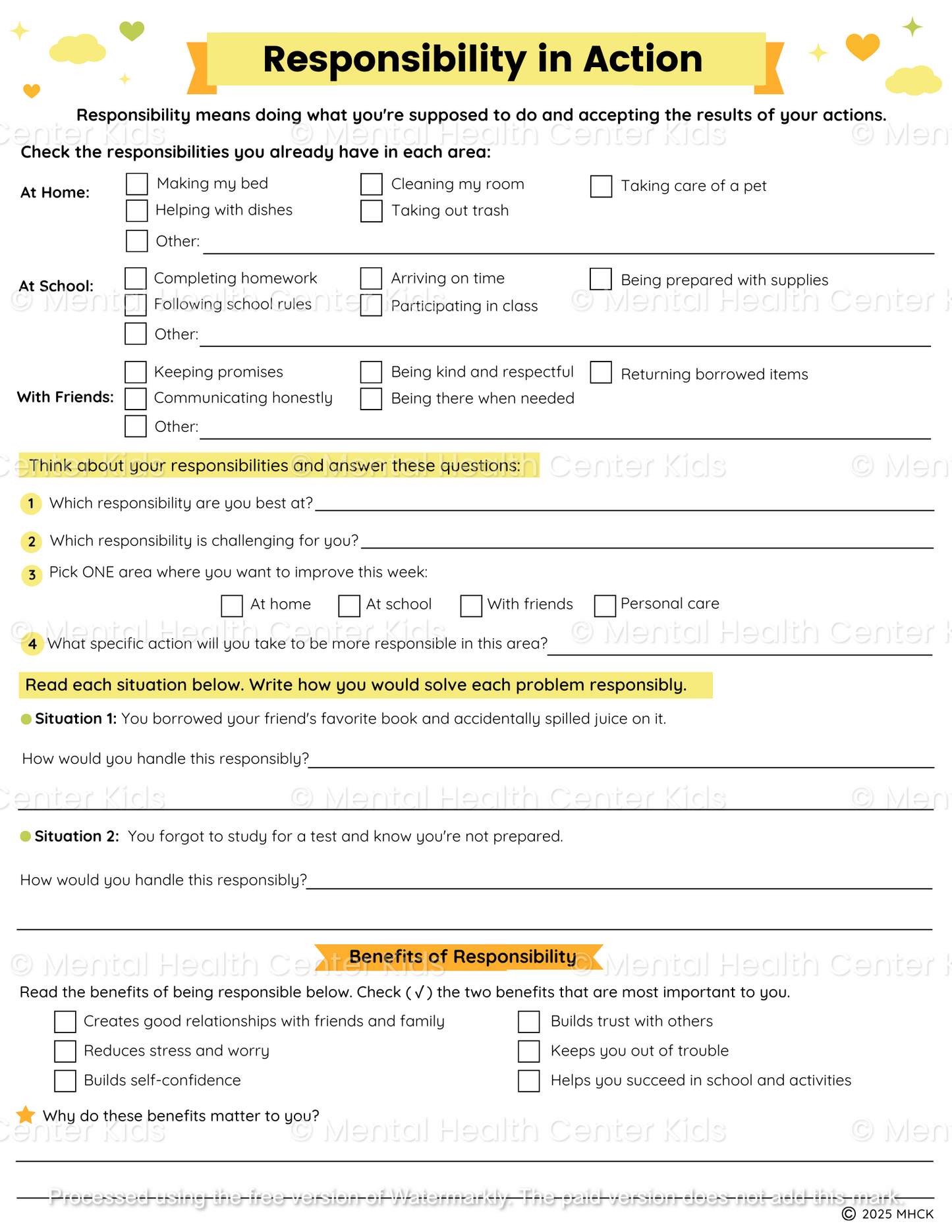 responsibility worksheets for middle school students