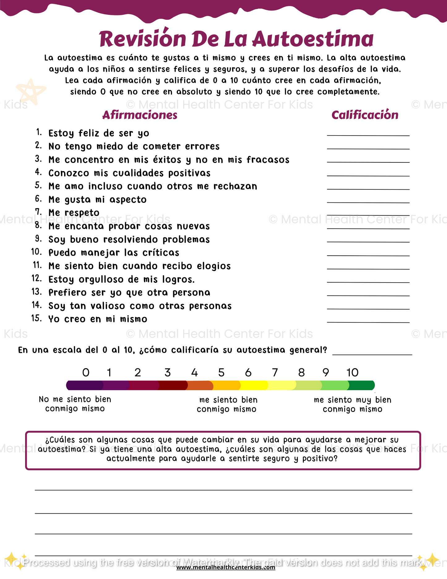 Spanish self-esteem worksheets for kids