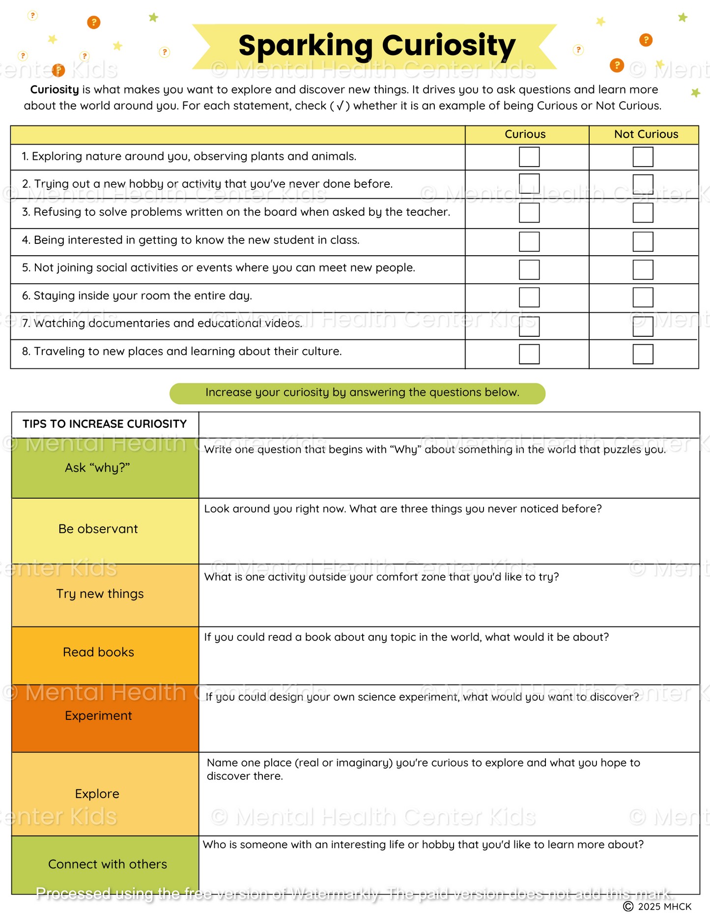 curiosity worksheet for elementary school