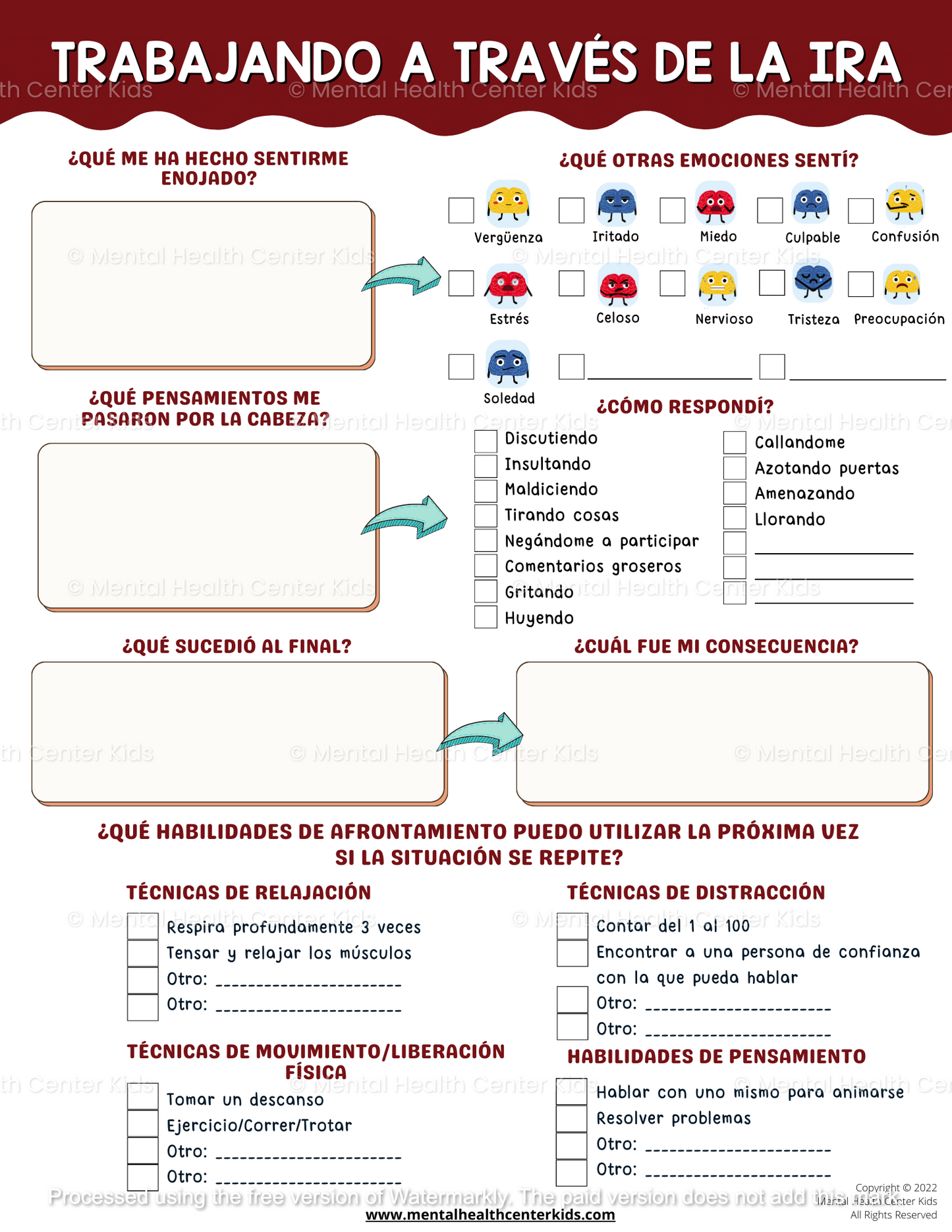 Spanish Working Through Anger Worksheet