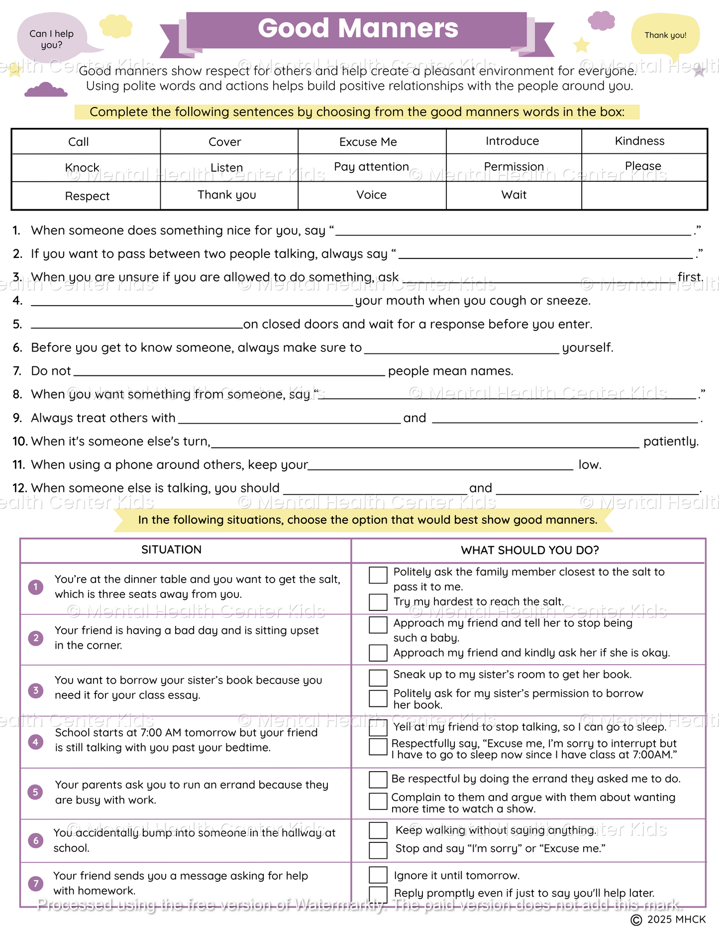manners worksheets
