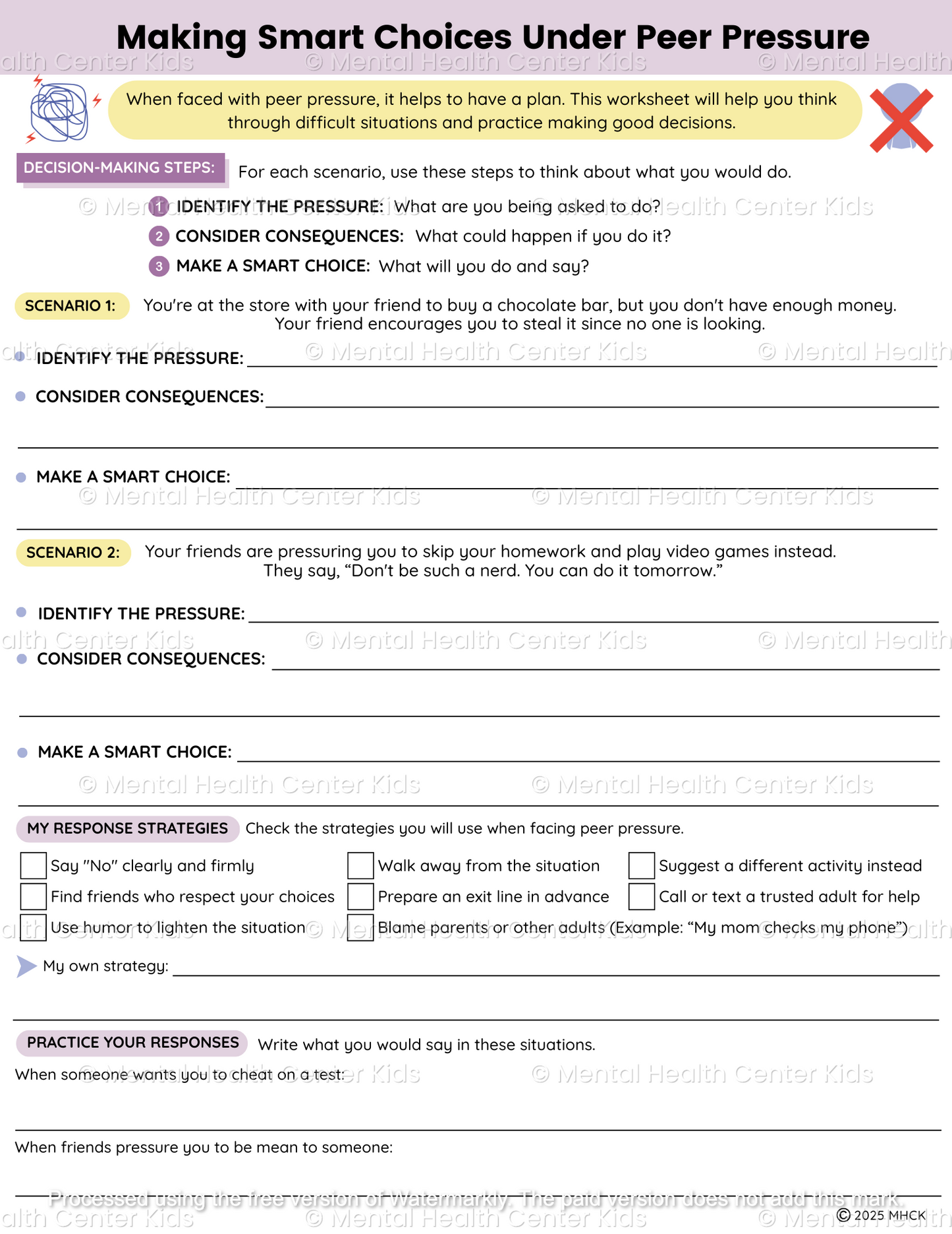 peer pressure worksheet for middle school