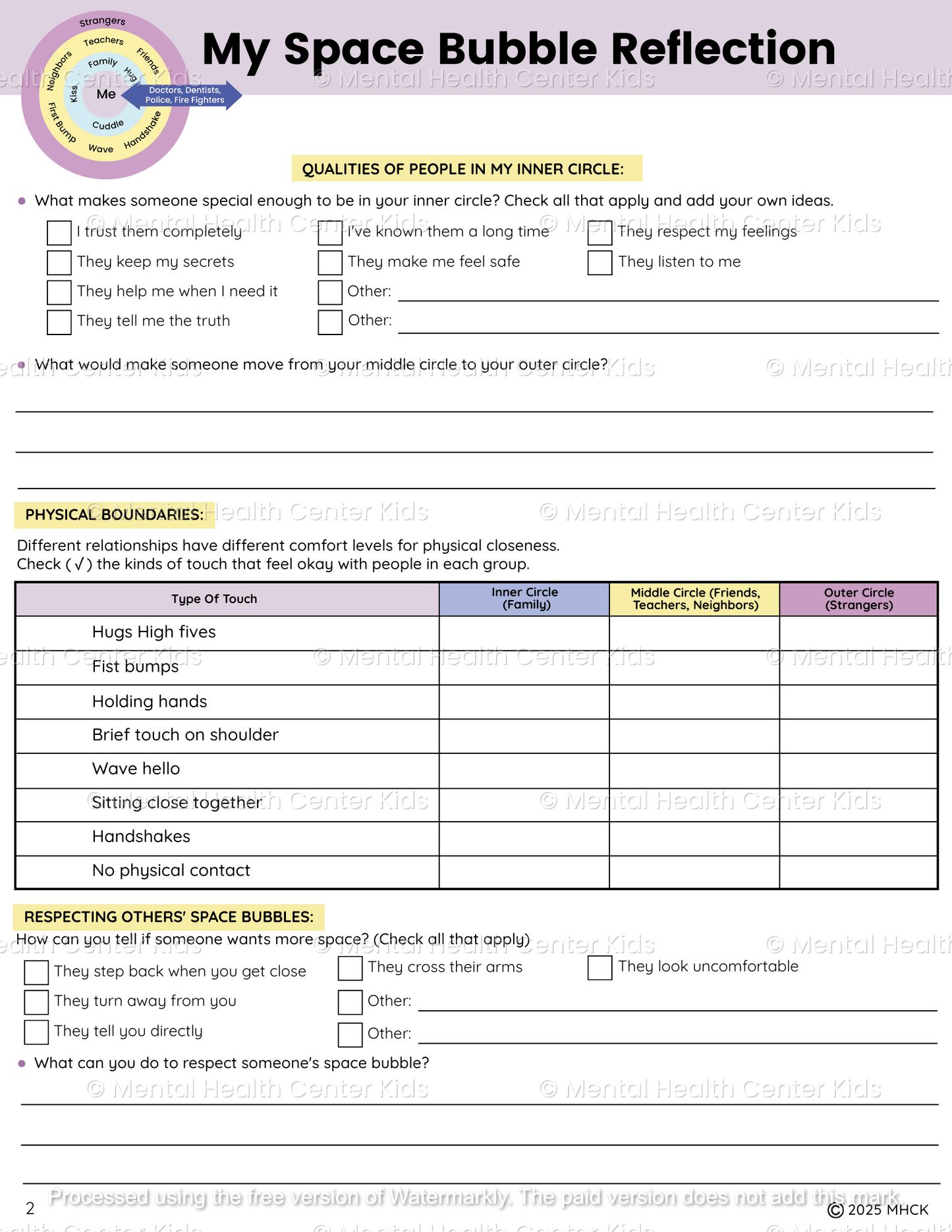 personal space worksheet