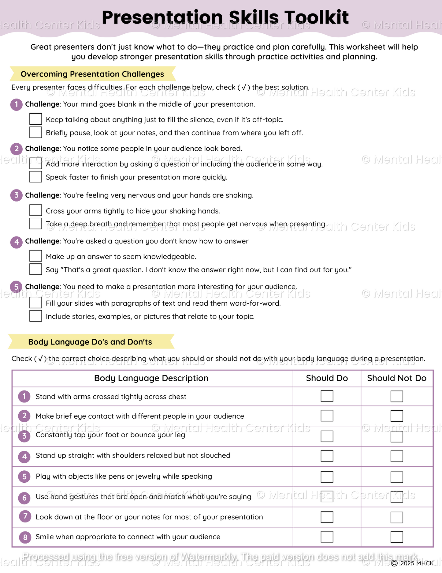 presentation skills worksheets for kids