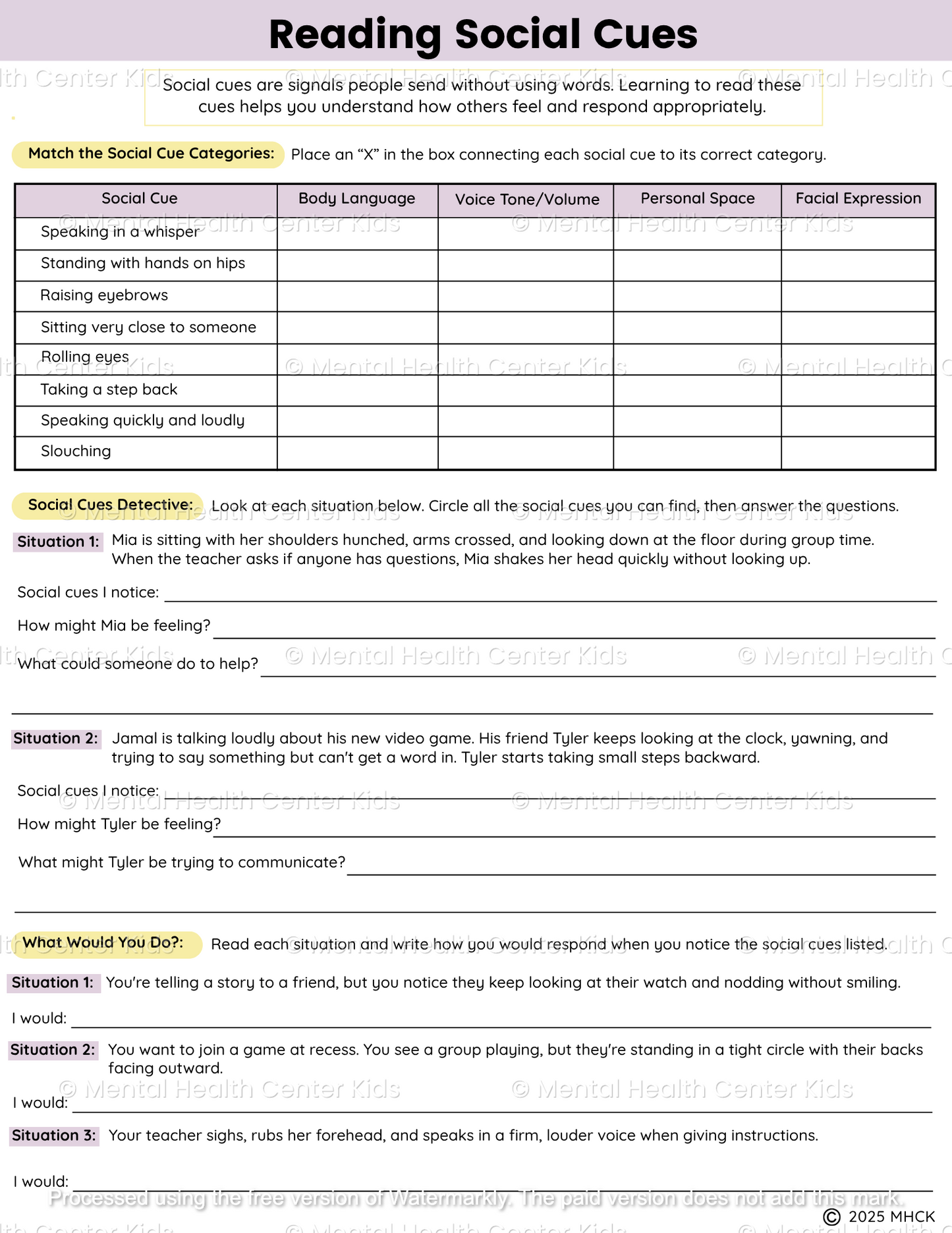 reading social cues worksheet pdf