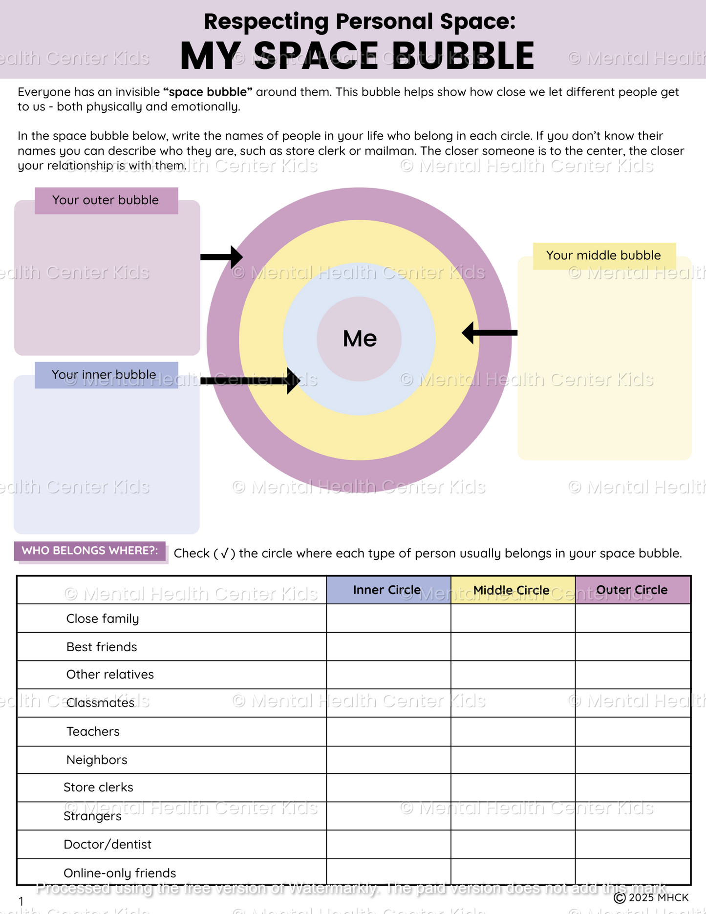 respecting personal space worksheet