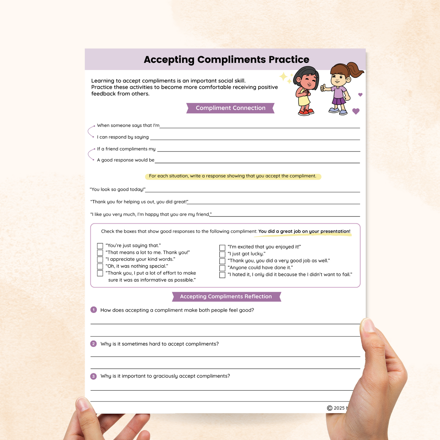 accepting compliments social skills worksheet