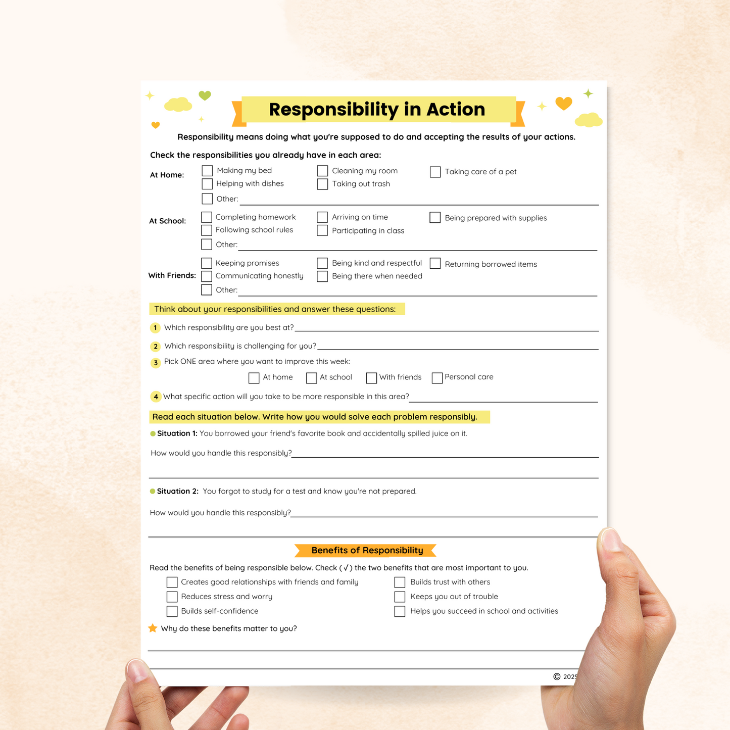 responsibility worksheets for elementary students