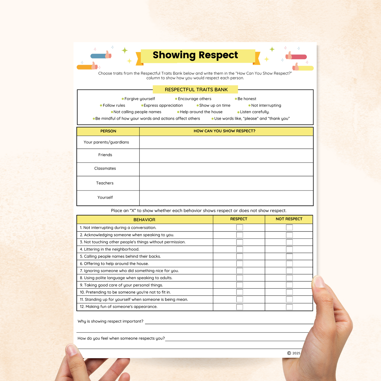 respect worksheets for middle school