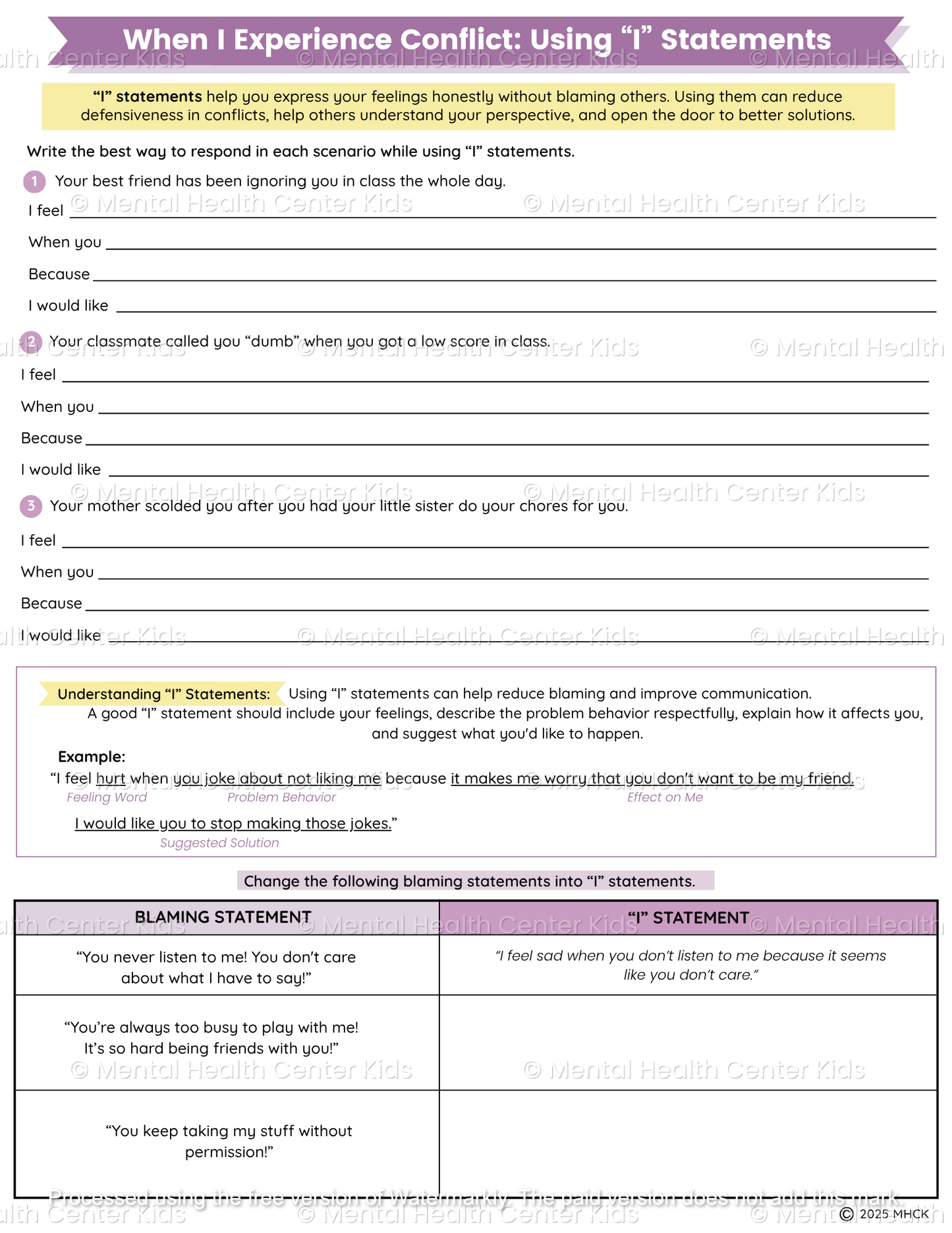 conflict resolution worksheets for kids