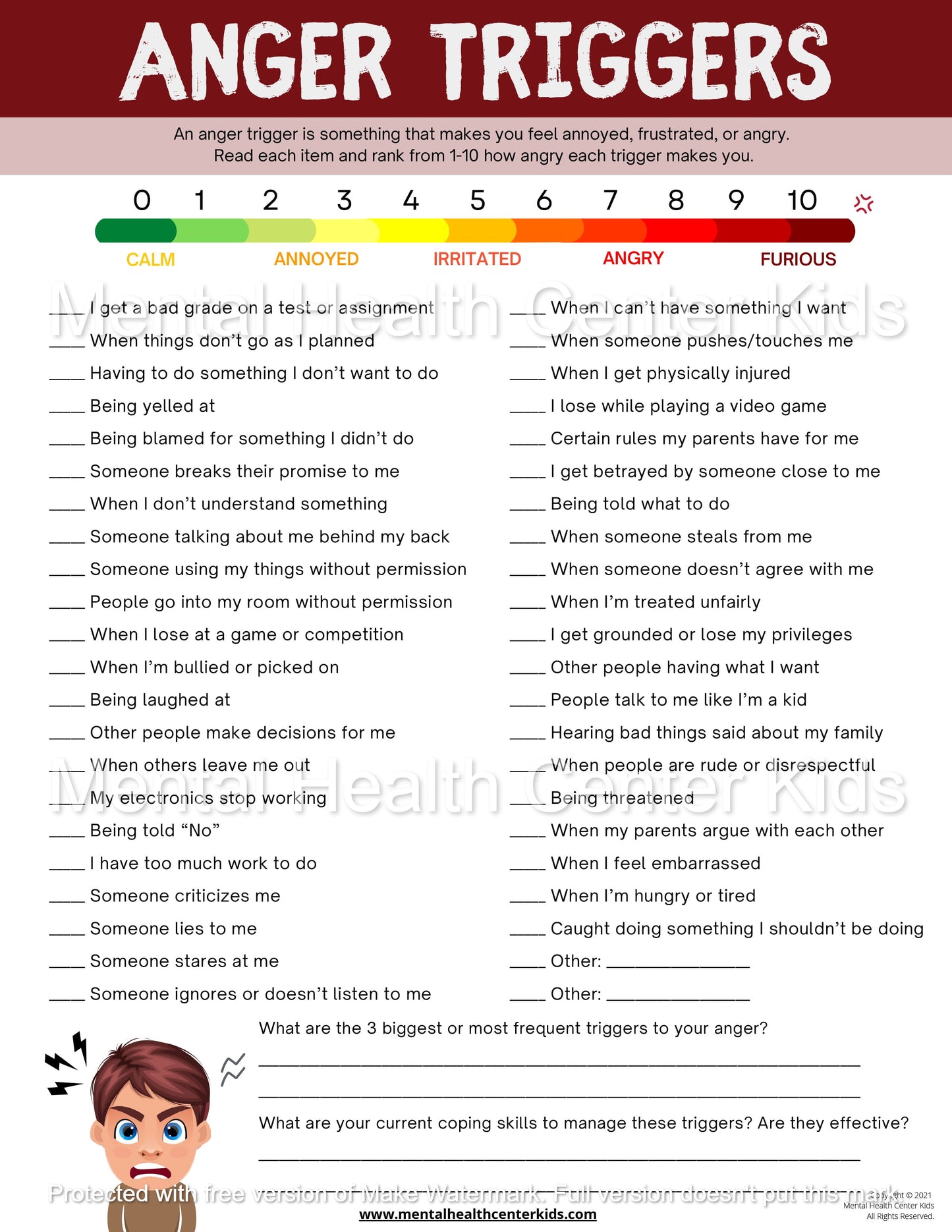 Anger Triggers Worksheet for Teens