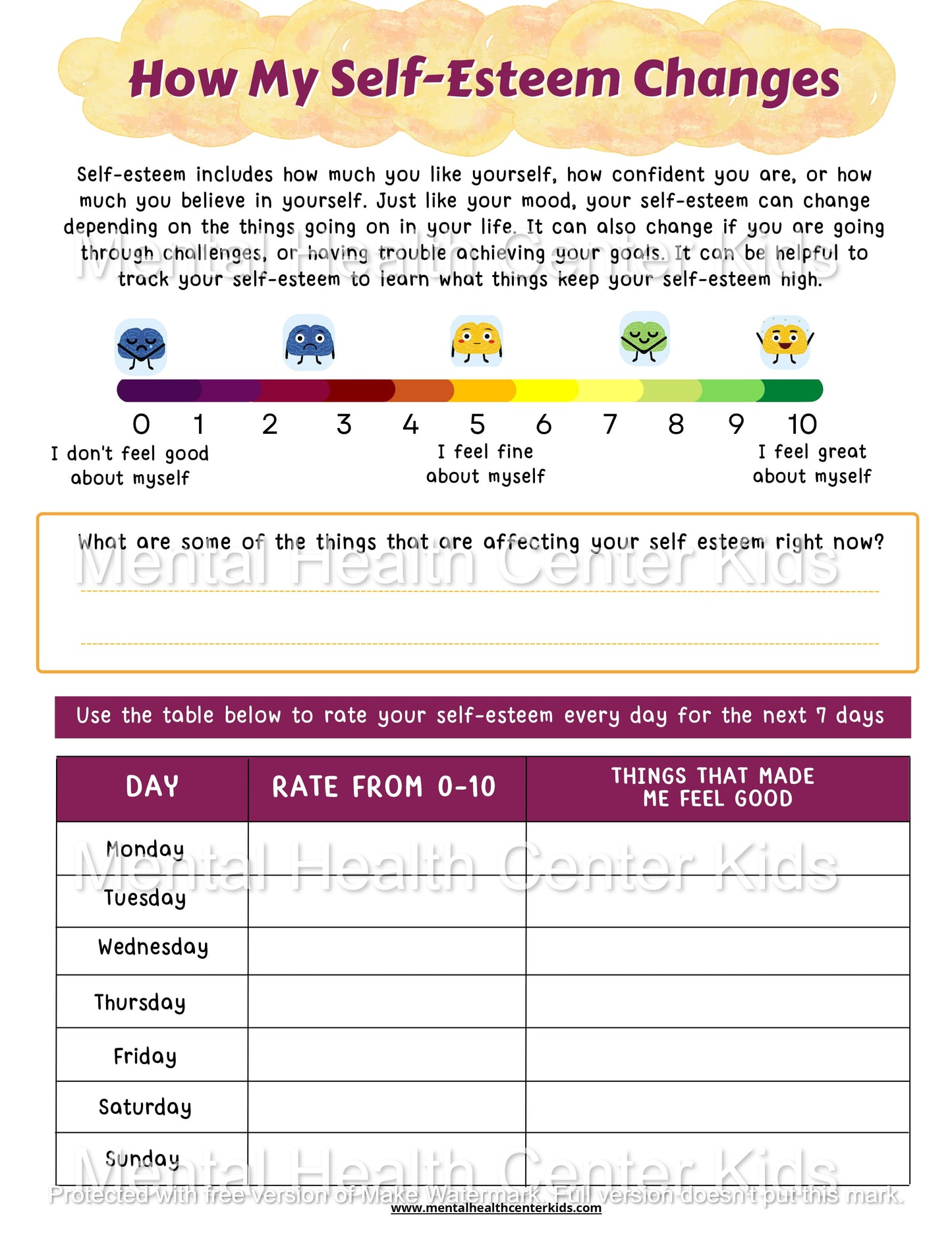 How My Self-Esteem Changes Worksheet for Kids Teens