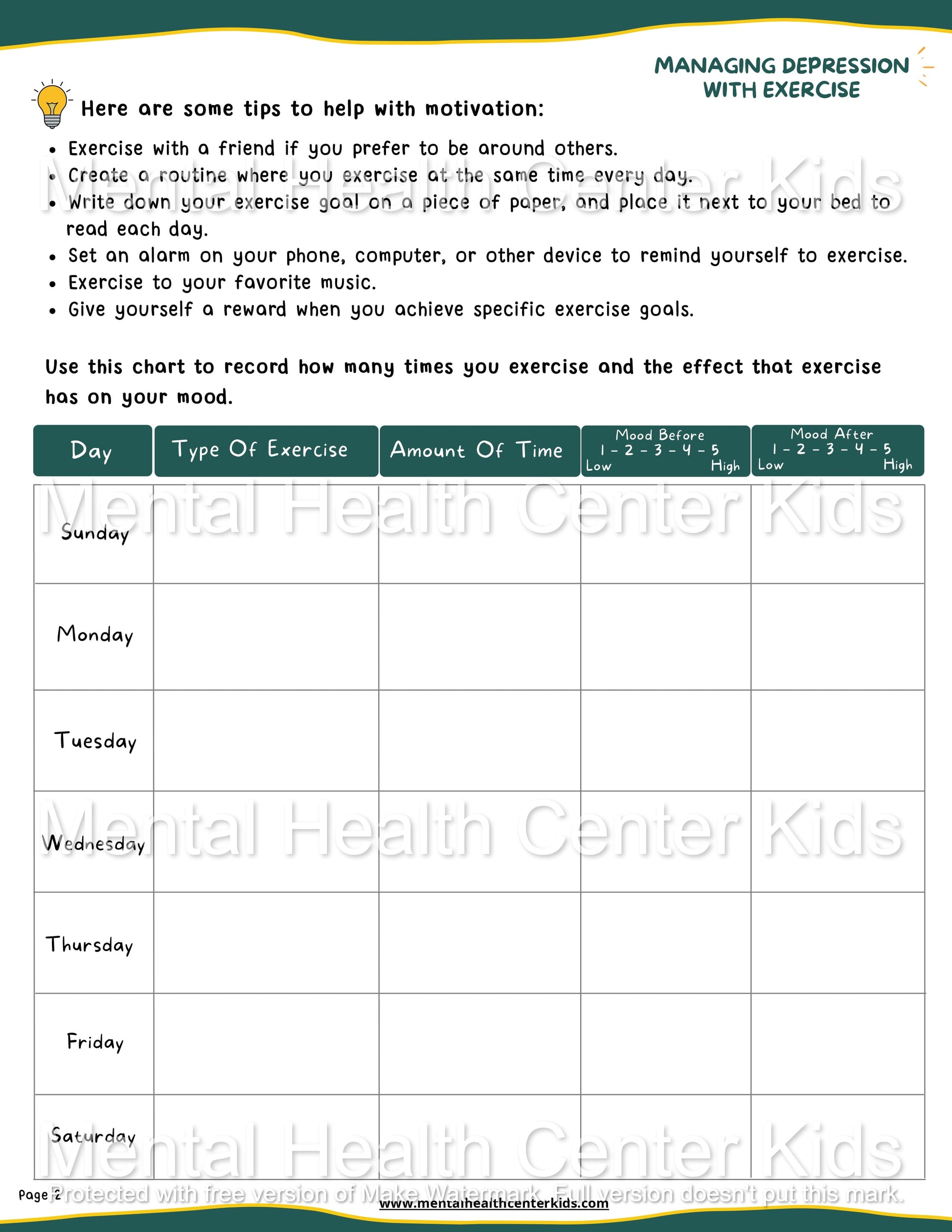 managing depression with exercise worksheet