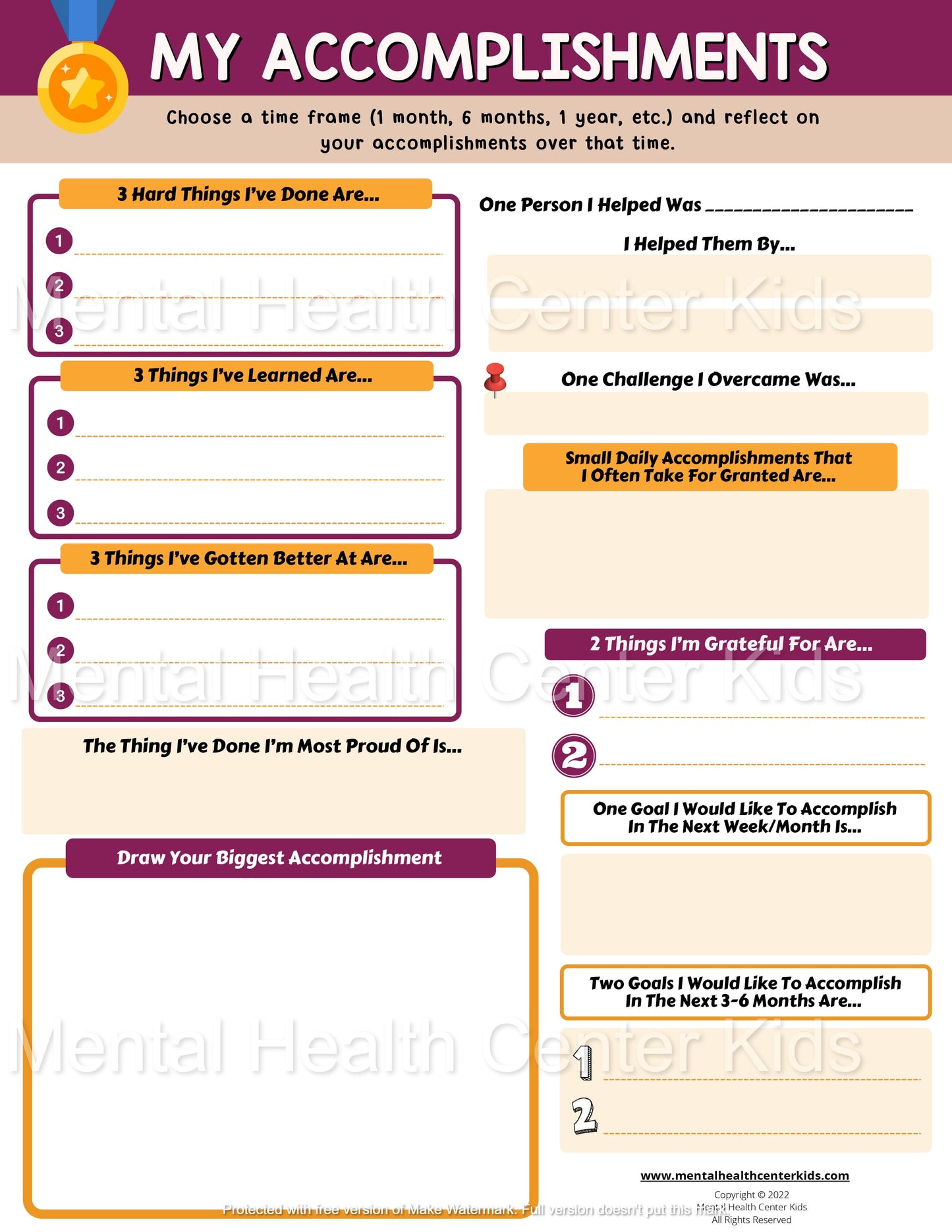 My Accomplishments Worksheet for Kids