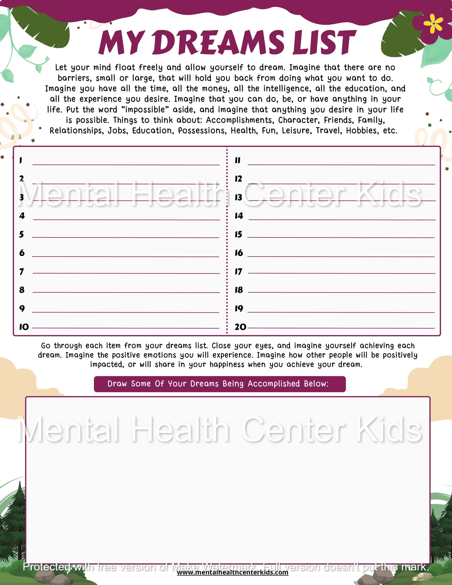 My Dreams List Worksheet for Kids