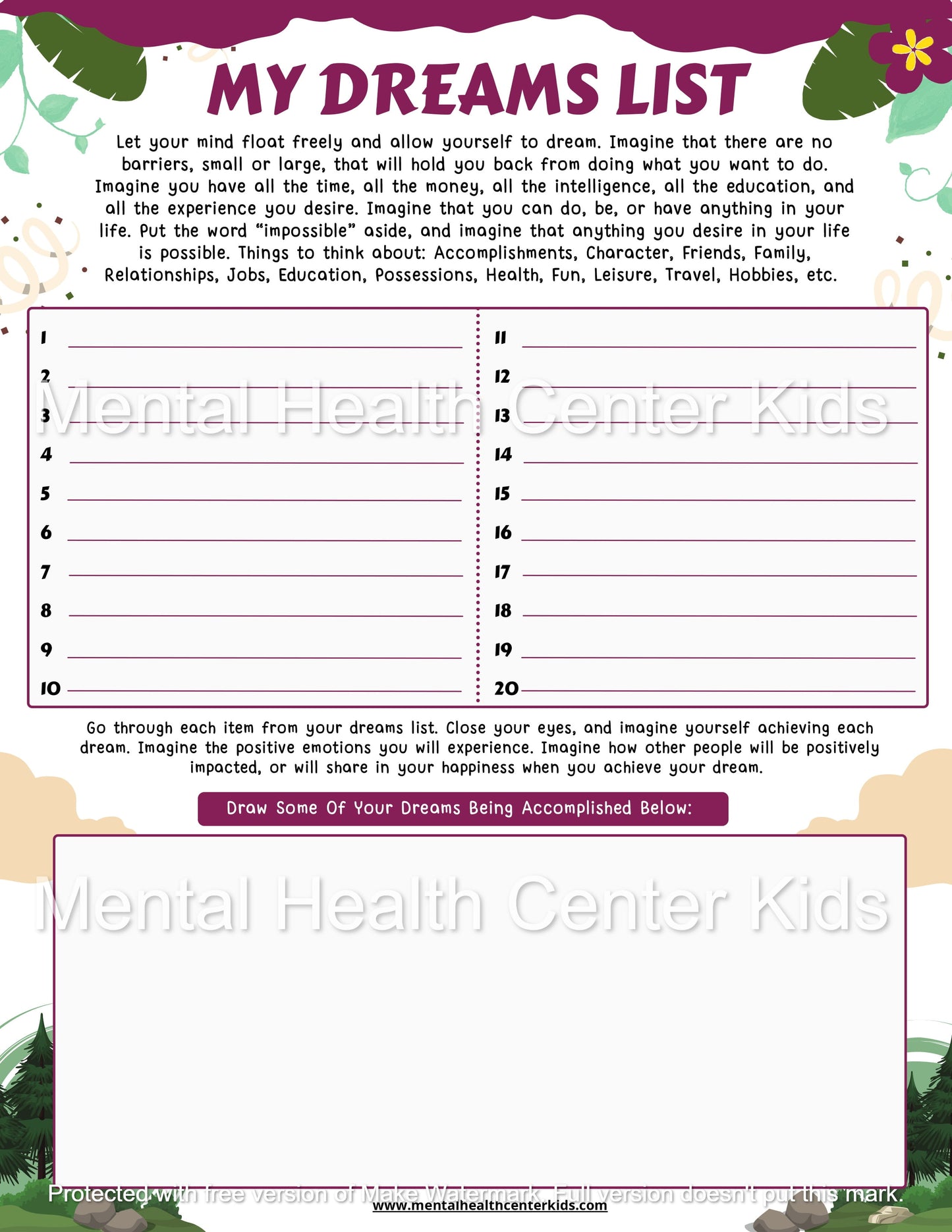   My Dreams List Worksheet for Kids