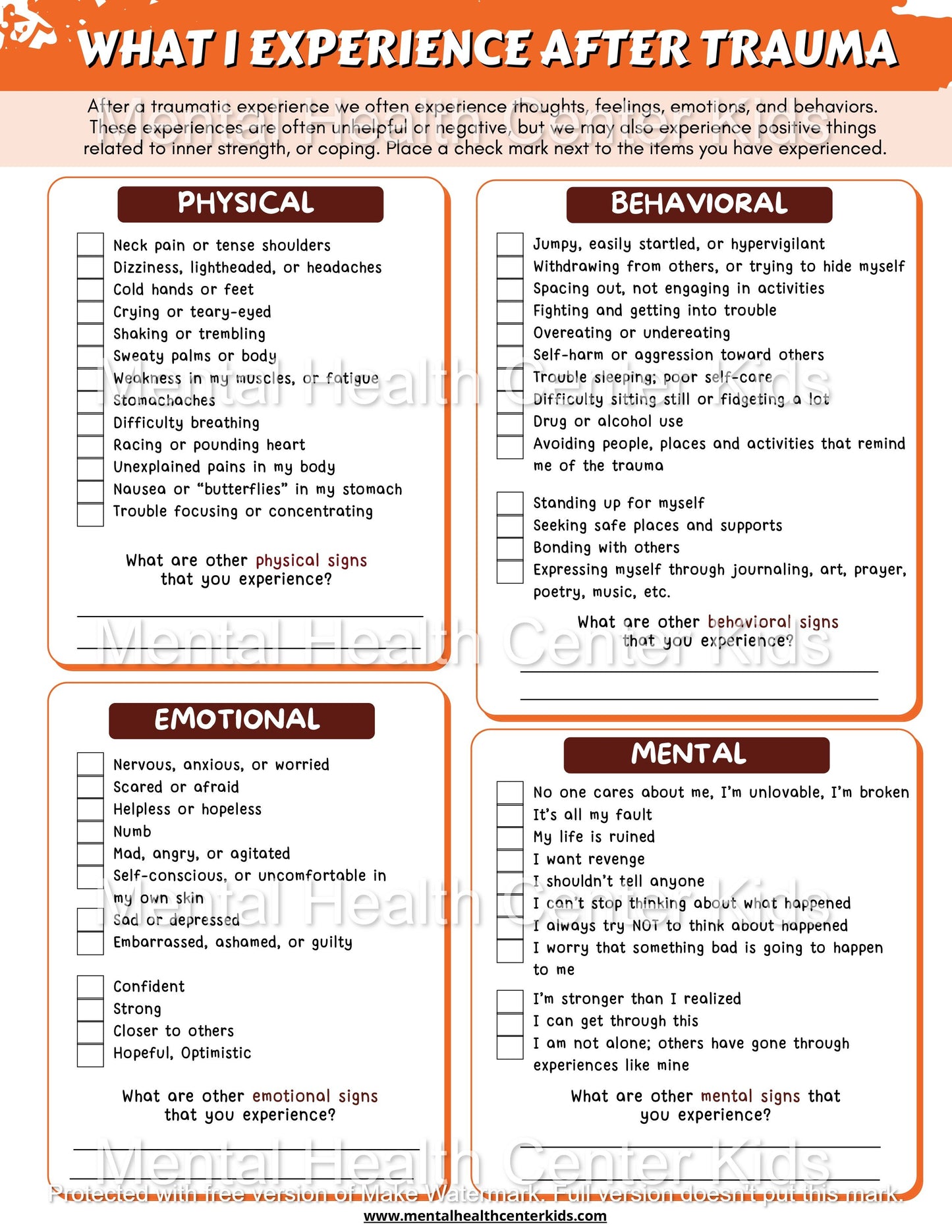 Trauma Worksheets for Kids and Teens