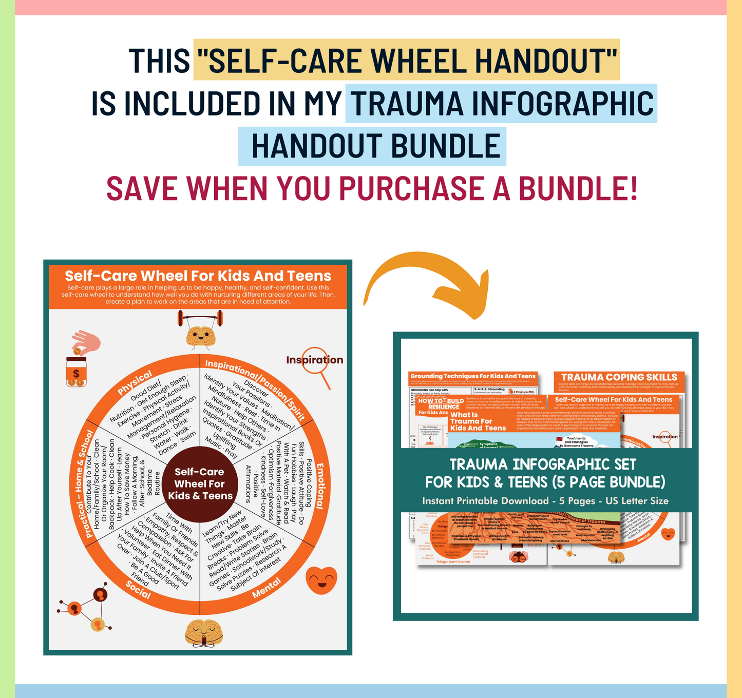 Self-Care Wheel PDF Printable Handout for Kids & Teens