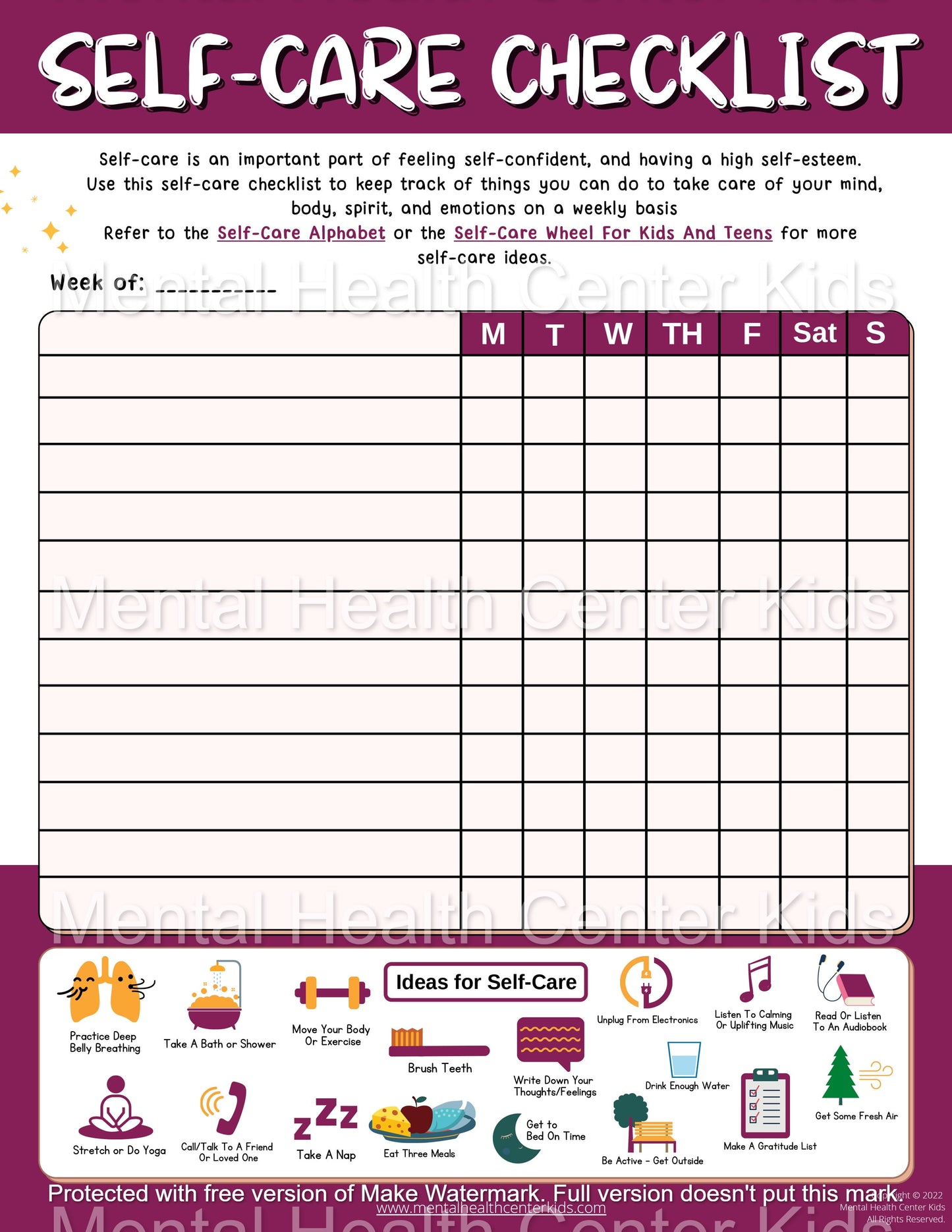 Self-Esteem Checklist Worksheet