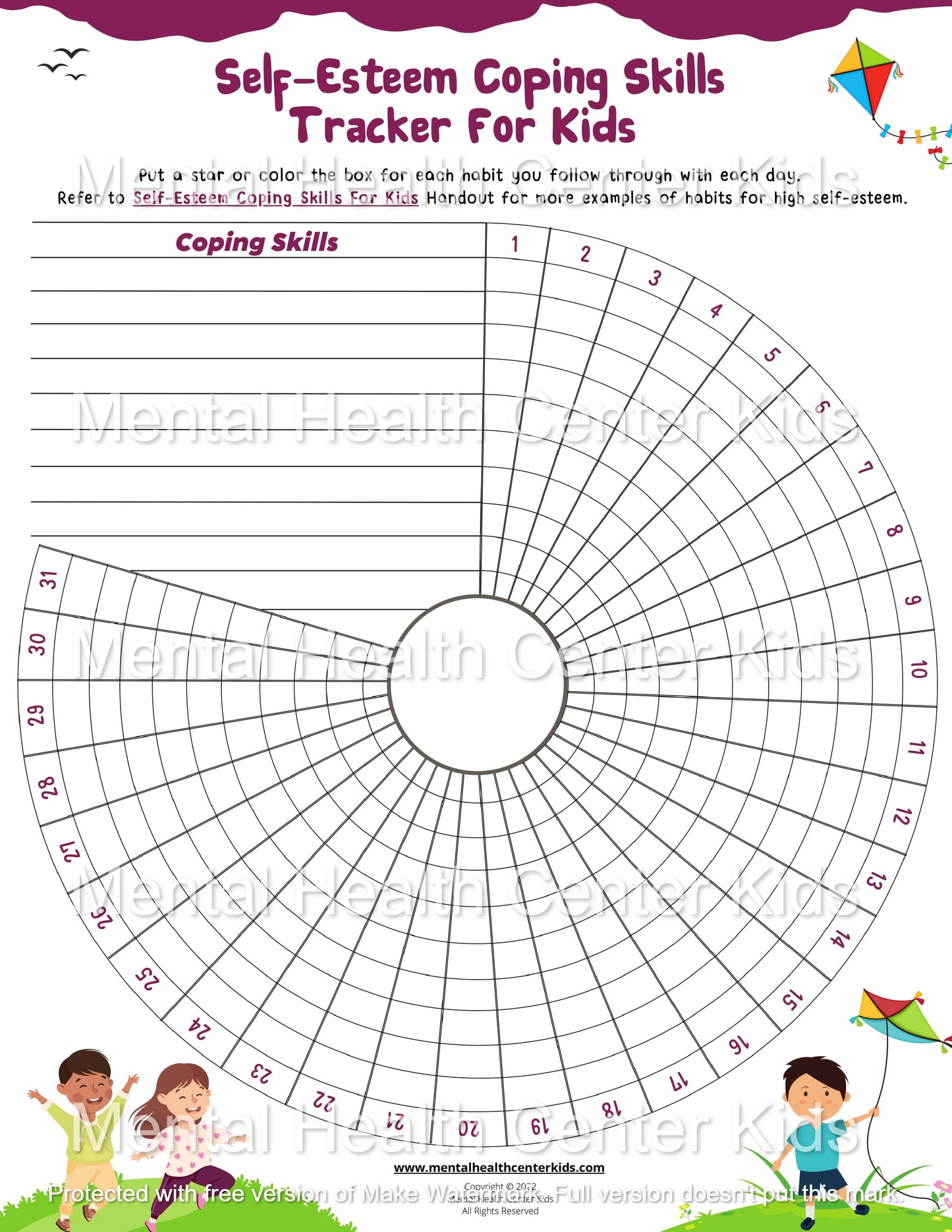 Self-Esteem Coping Skills Tracker for Kids Worksheet