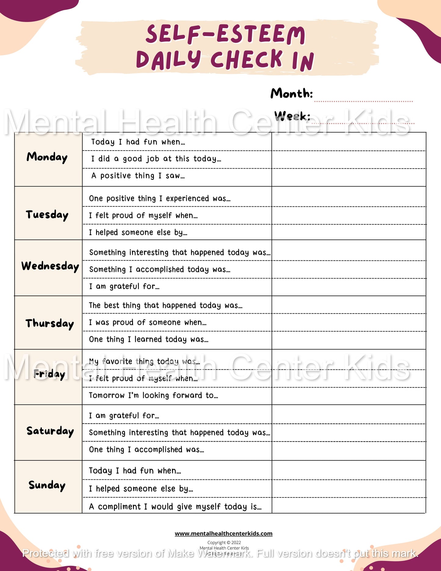 Self-Esteem Daily Check In Worksheet