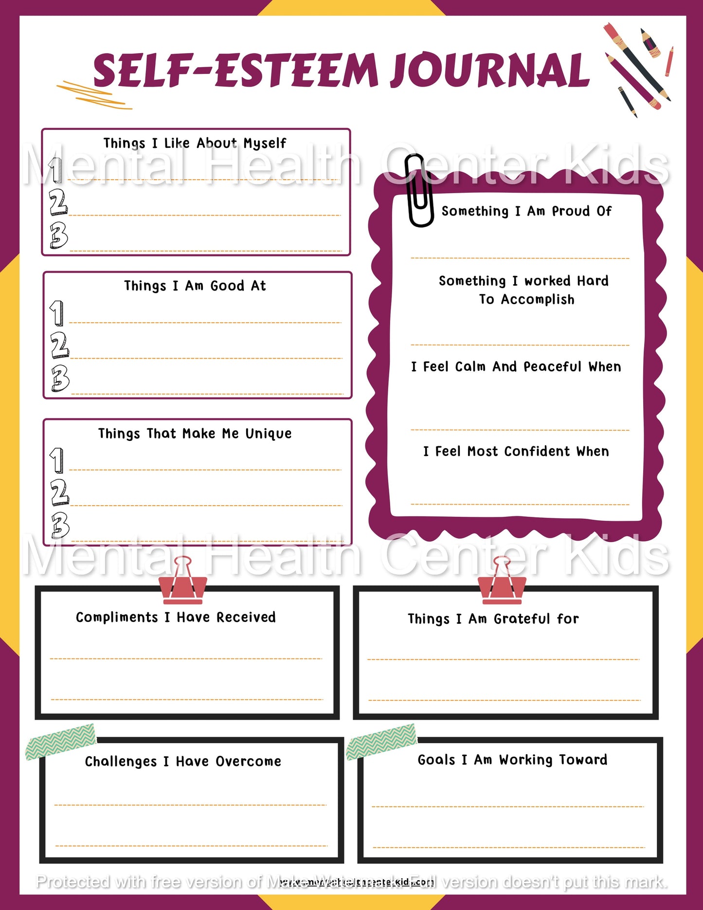 Self-Esteem Journal Worksheet for Kids Teens