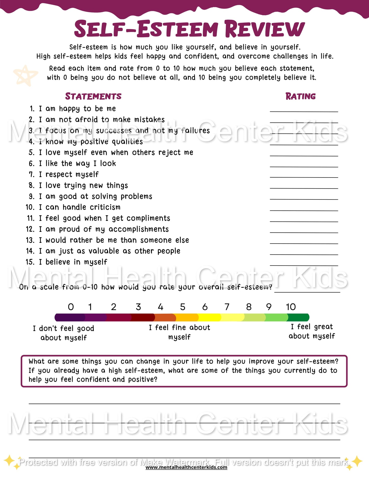 Self-Esteem Review Worksheet for Kids