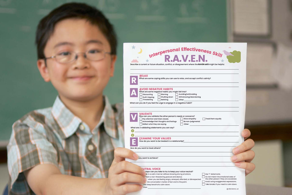 an asian kid holding an interpersonal effectiveness worksheet