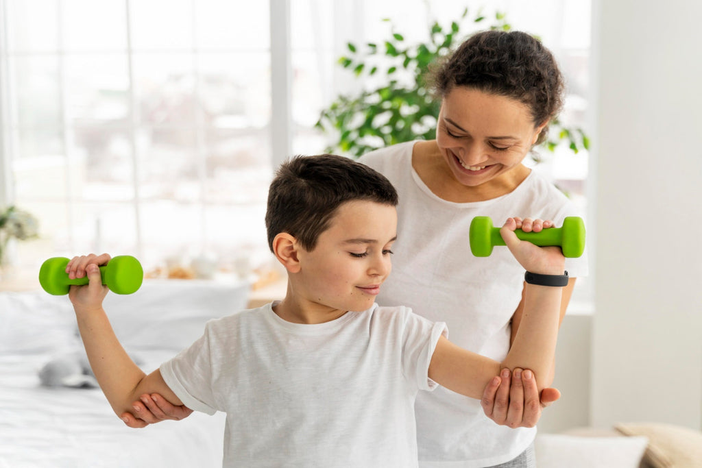 a child with mom training with dumbbells
