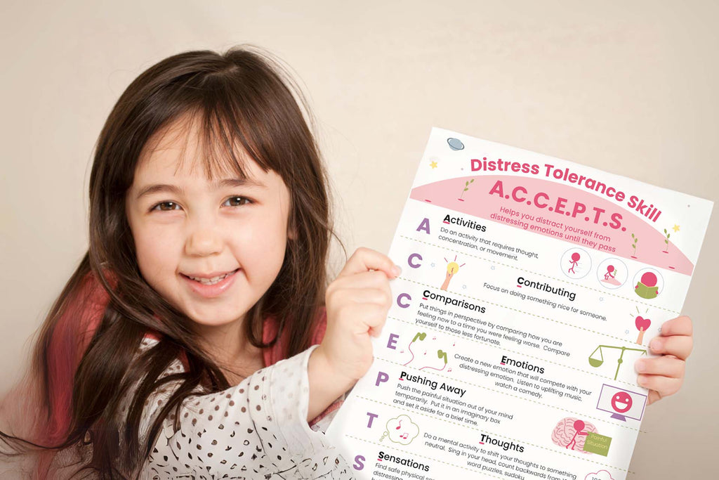 a kid holding a distress tolerane worksheet