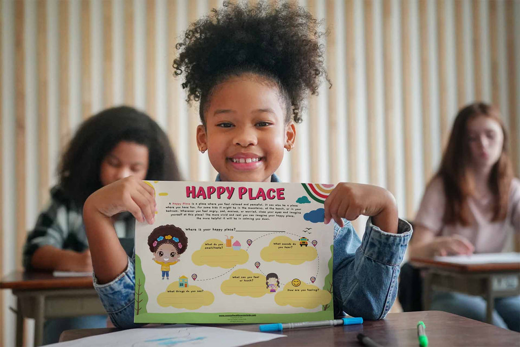 a kid holding an printed anxiety worksheet