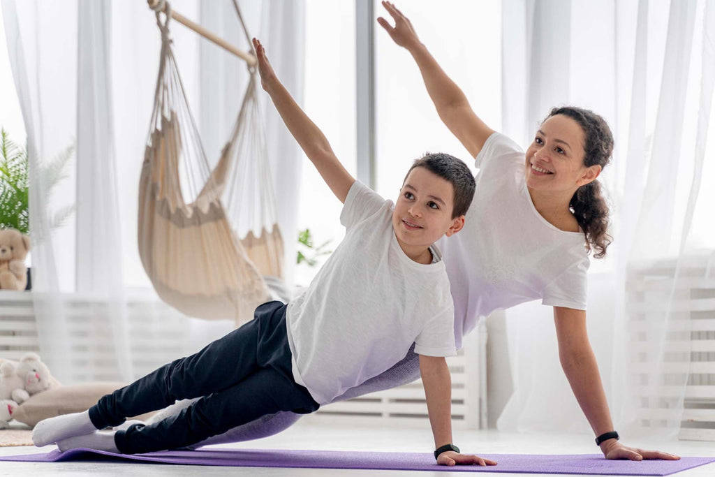 a mom and her son exercising