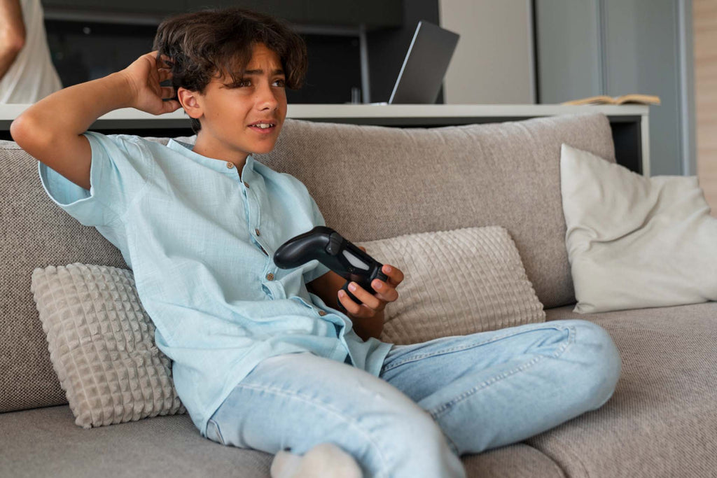 a teenager upset and addicted playing with video games