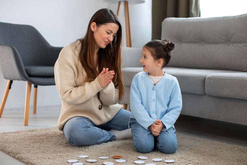 mother and girl playing game